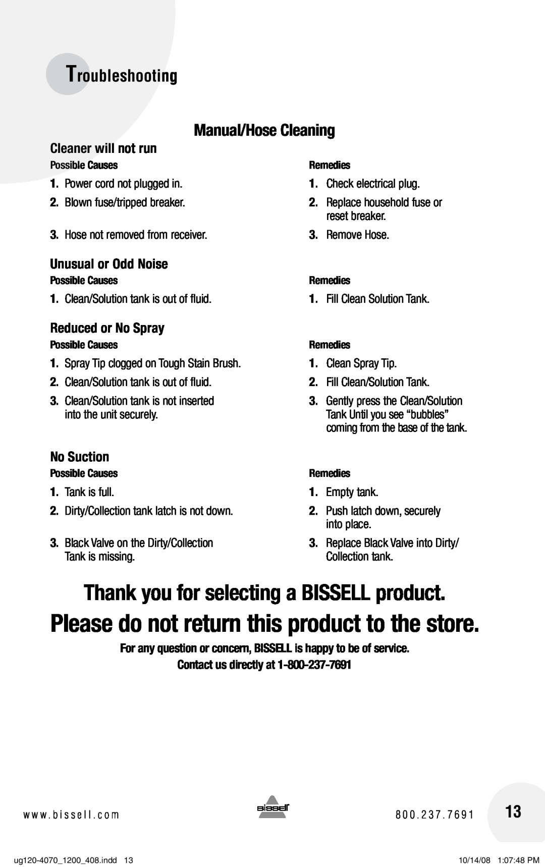 Bissell 1200, 7887 Manual/Hose Cleaning, Please do not return this product to the store, Troubleshooting, No Suction 