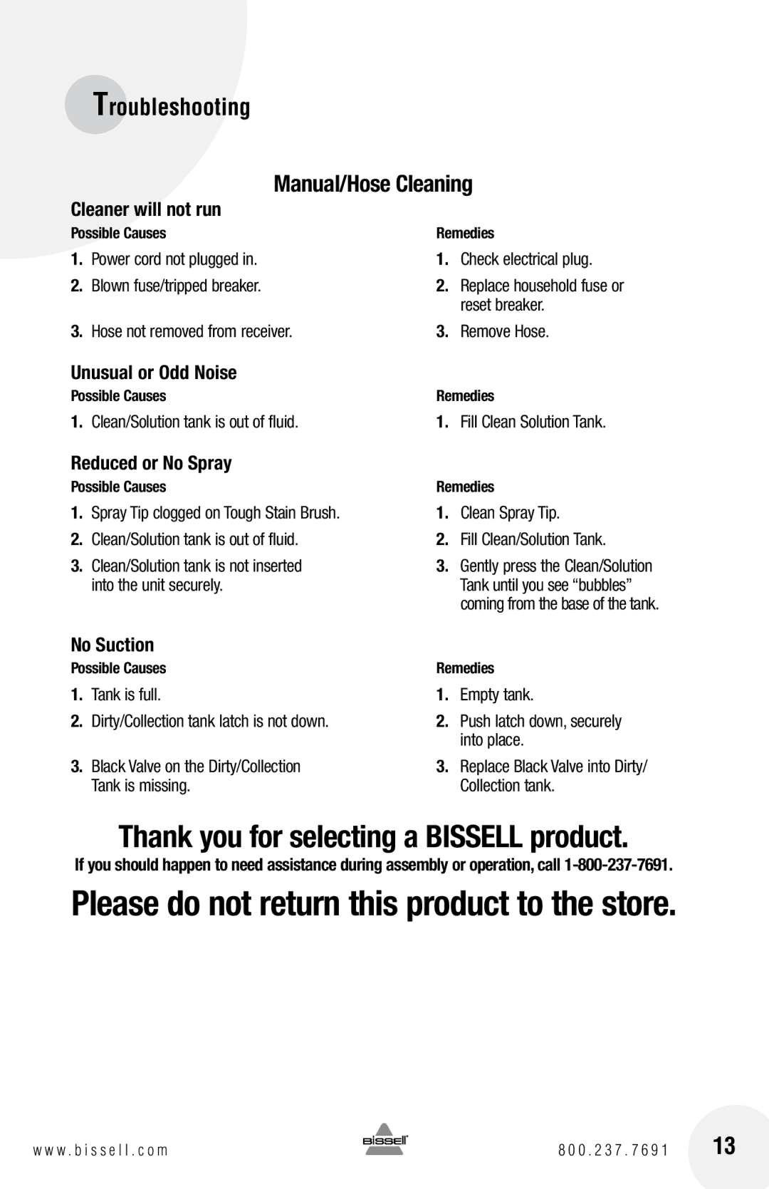 Bissell 12U9 warranty Please do not return this product to the store, Troubleshooting Manual/Hose Cleaning 