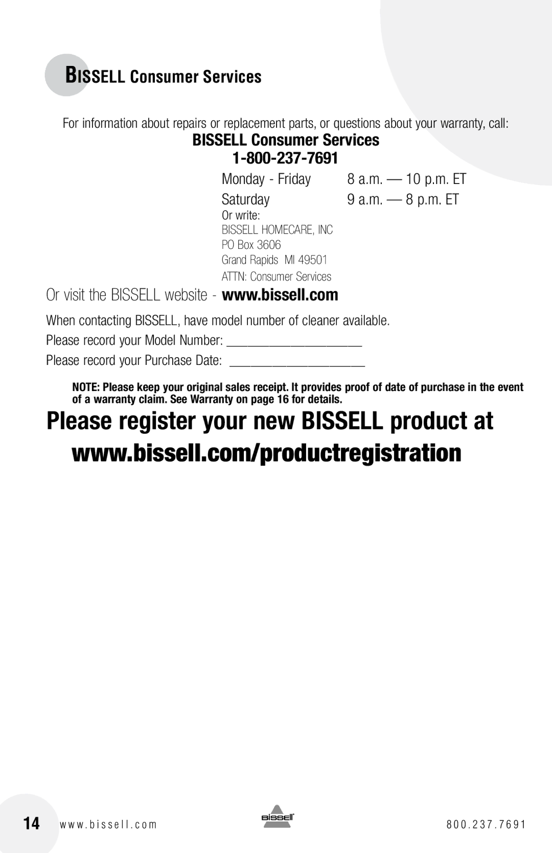 Bissell 12U9 warranty Bissell Consumer Services 