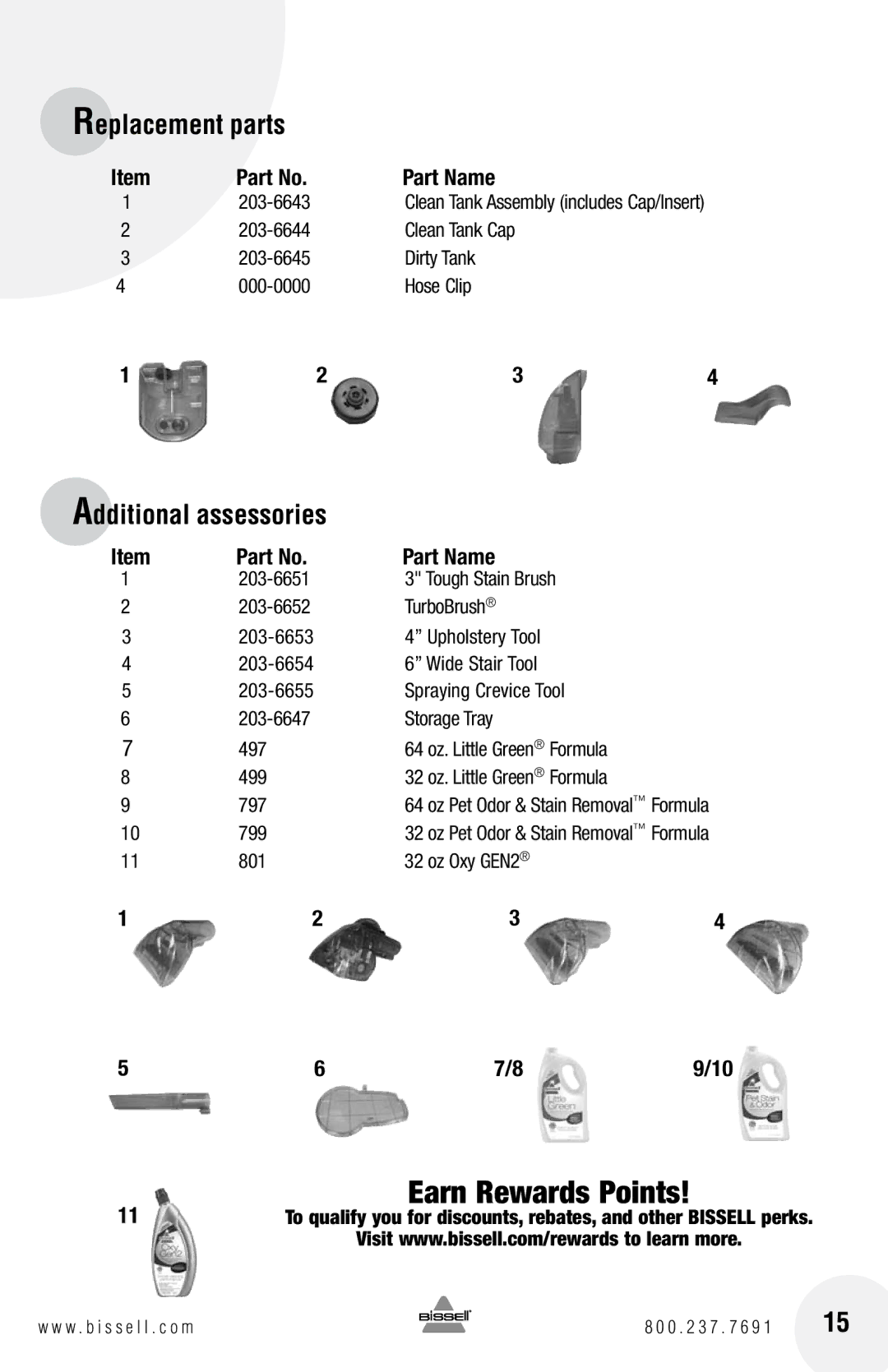 Bissell 12U9 warranty Additional assessories, Part Name 