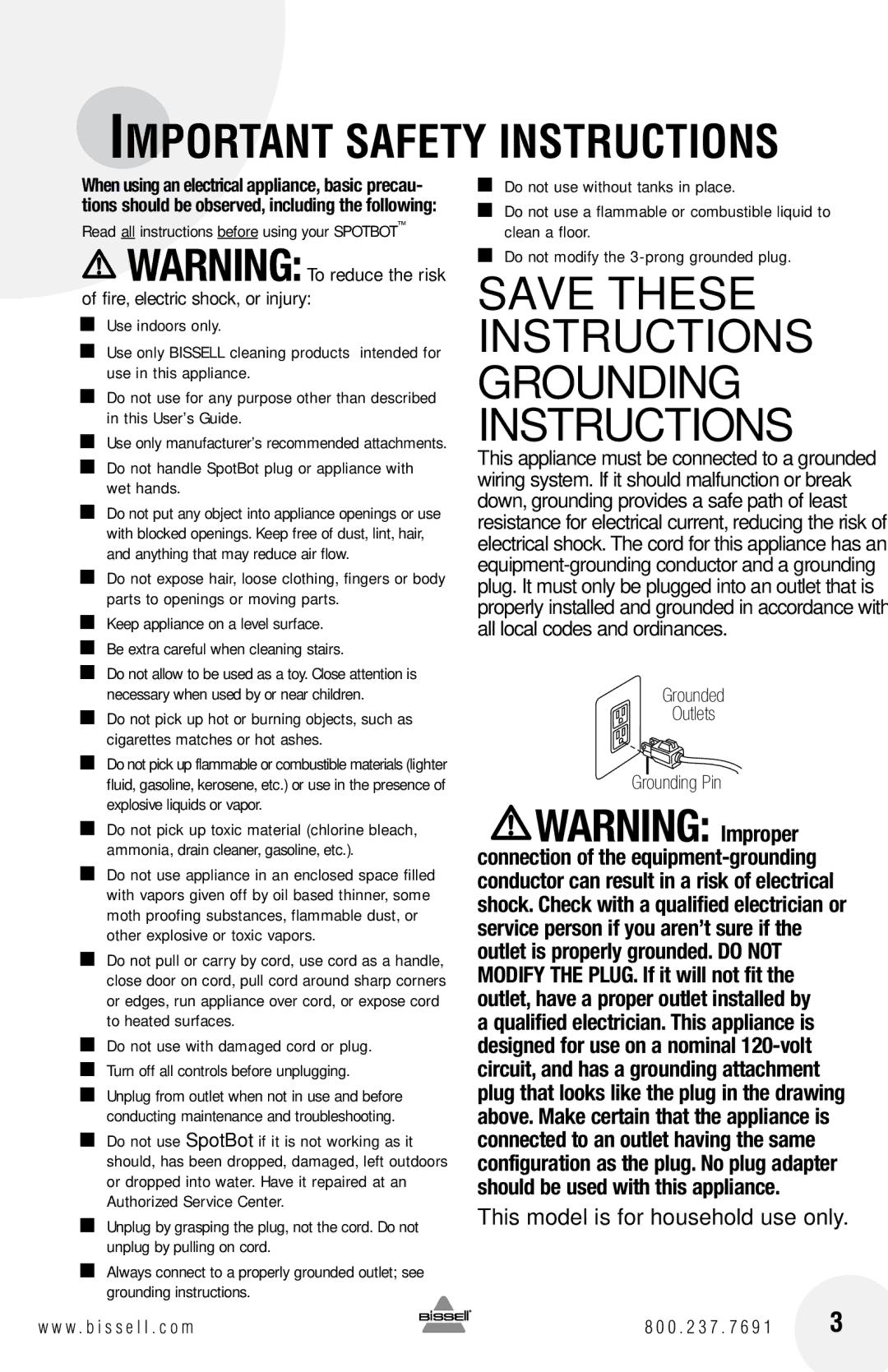 Bissell 12U9 warranty Save These Instructions Grounding 