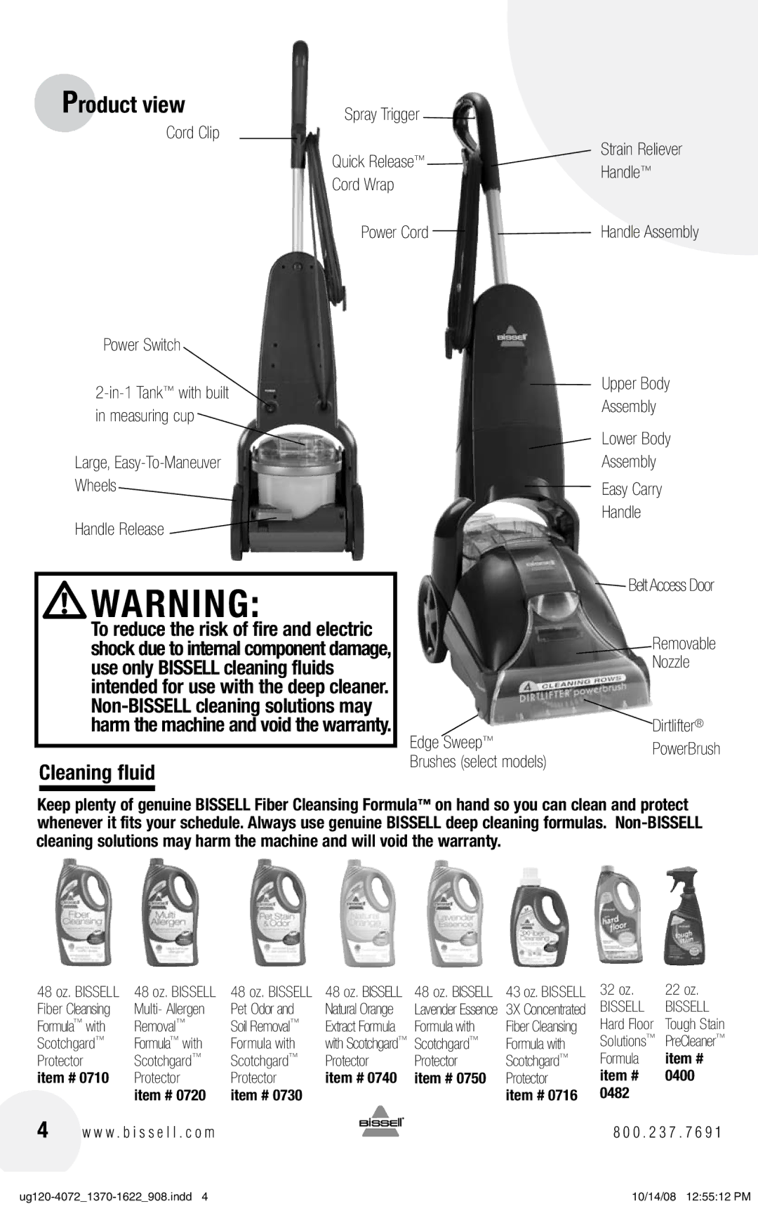 Bissell 1370 warranty Product view, Cleaning fluid 