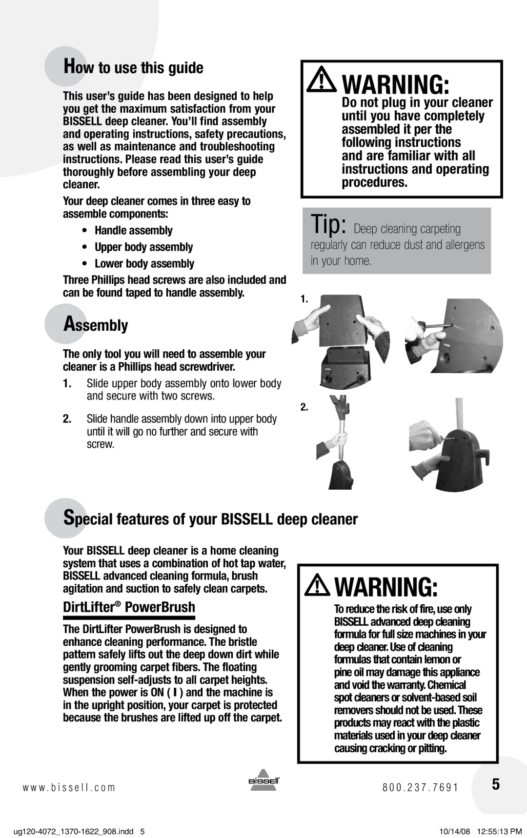 Bissell 1370 warranty How to use this guide, Assembly, Special features of your Bissell deep cleaner, DirtLifter PowerBrush 