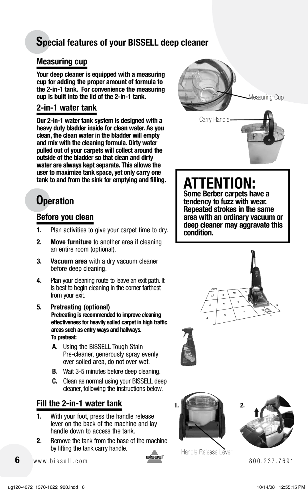 Bissell 1370 warranty Operation, Measuring cup, In-1 water tank, Before you clean, Fill the 2-in-1 water tank 