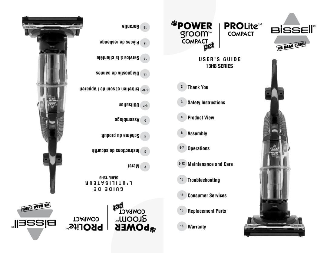 Bissell 13H8 warranty Merci, Warranty, Garantie, Utilisation Assemblage, Troubleshooting 