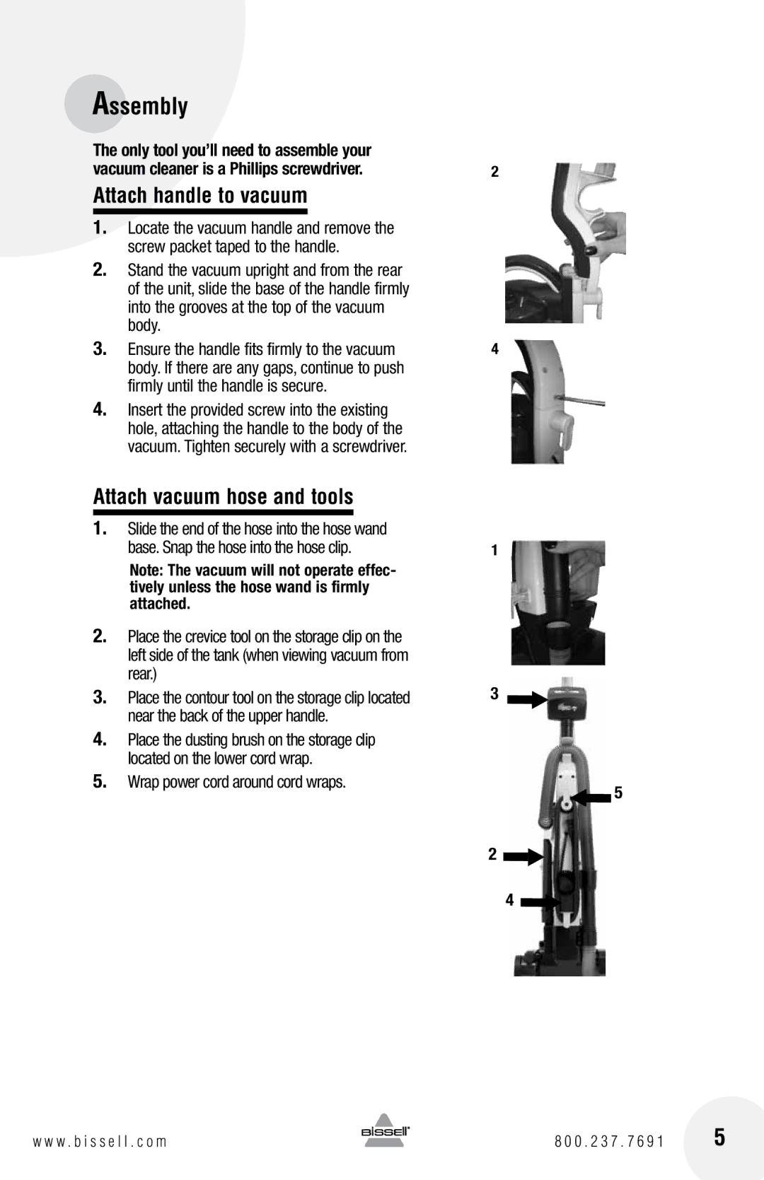 Bissell 13H8 warranty 165, Attach handle to vacuum, Attach vacuum hose and tools, Wrap power cord around cord wraps 