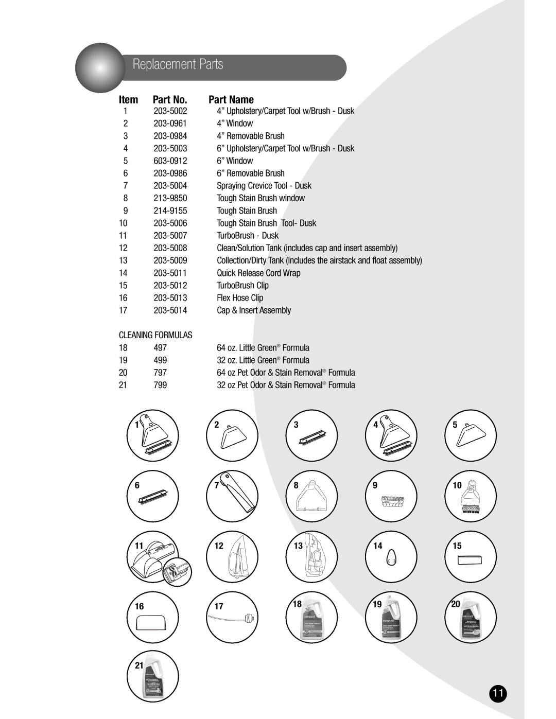 Bissell 1400 warranty Replacement Parts, Part Name 