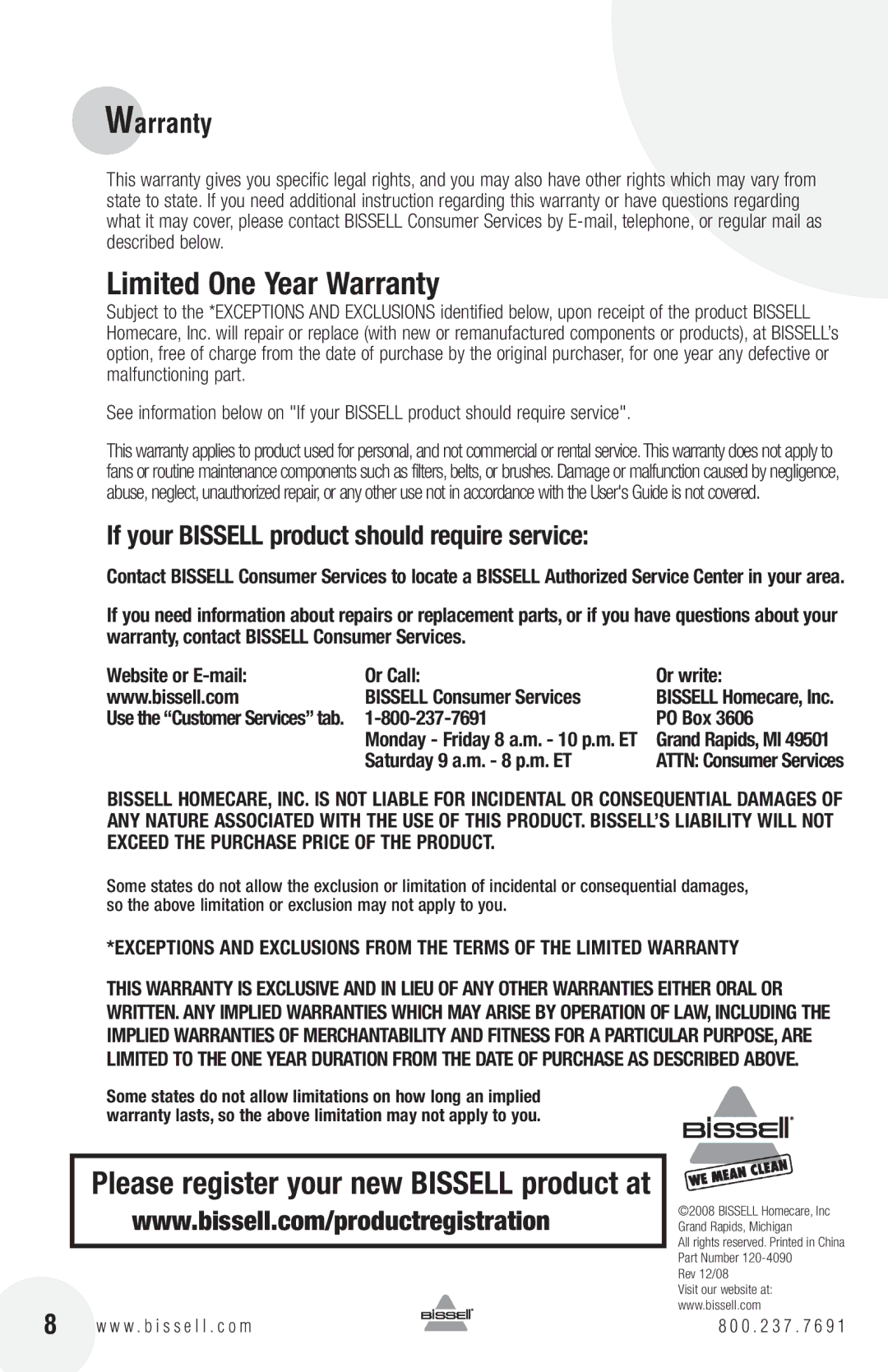 Bissell 1425 Warranty, If your Bissell product should require service, Please register your new Bissell product at, PO Box 