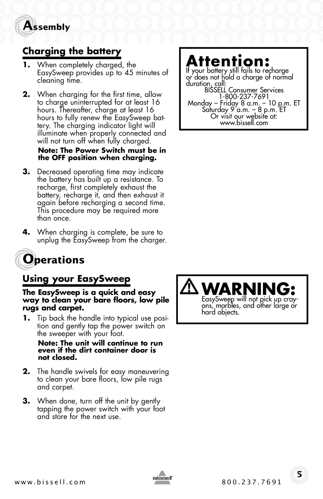 Bissell 15D1 warranty Operations, Charging the battery, Using your EasySweep 