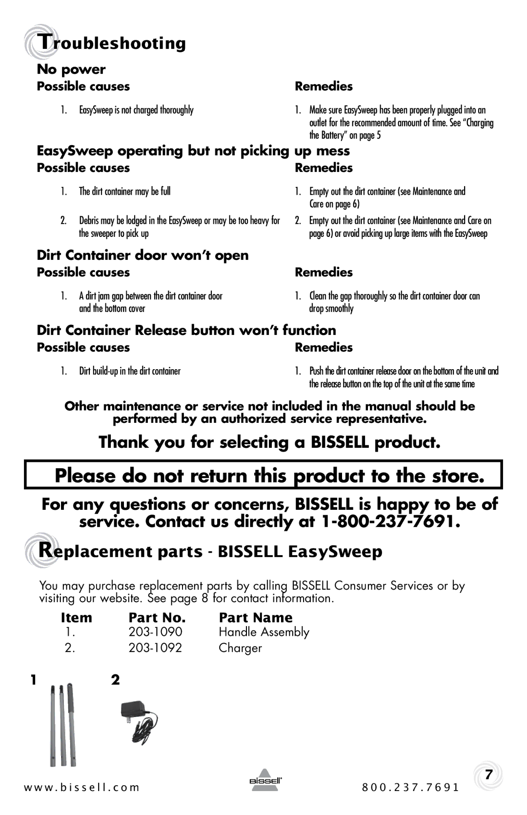 Bissell 15D1 warranty Troubleshooting, Thank you for selecting a Bissell product 