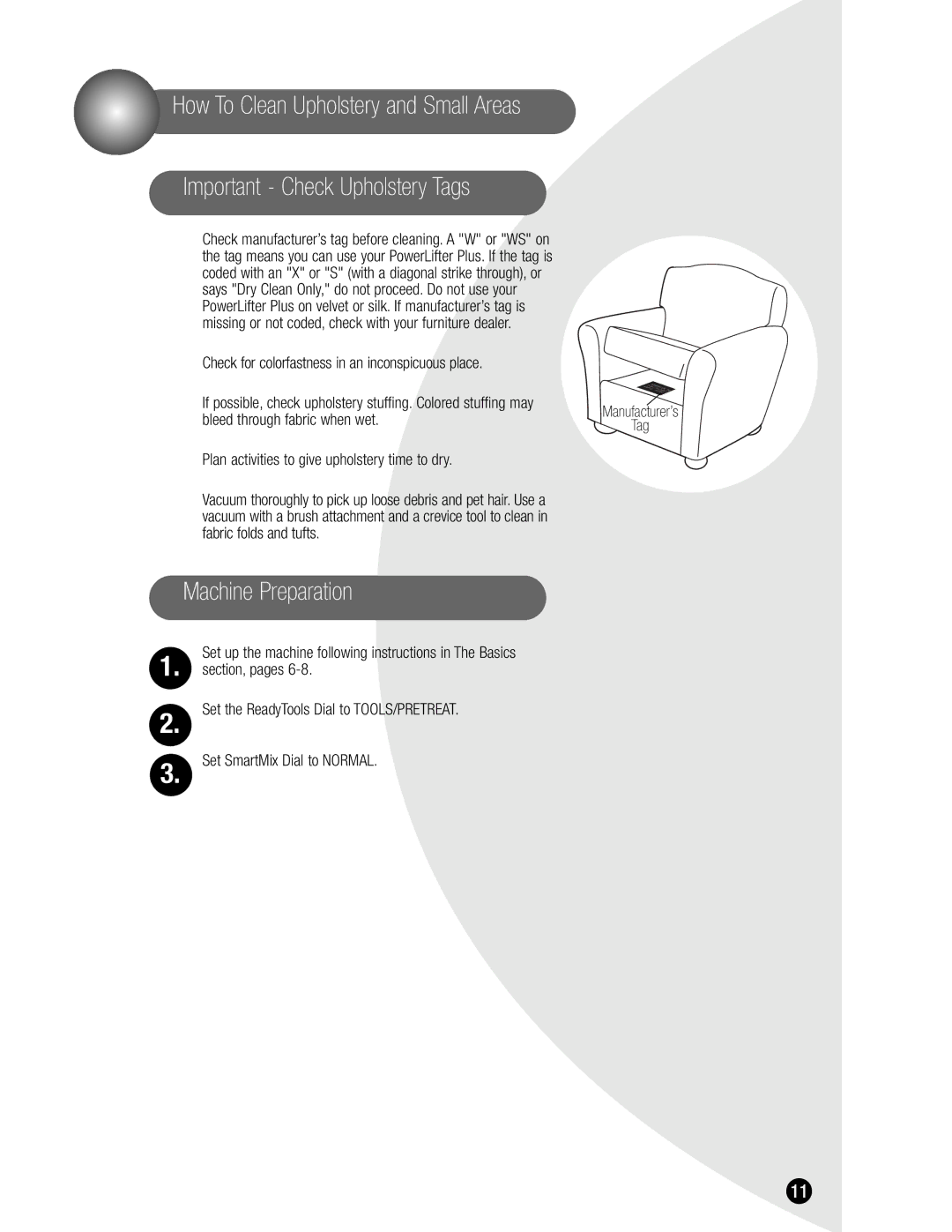 Bissell 1620 Important Check Upholstery Tags, Section, pages, Set up the machine following instructions in The Basics 