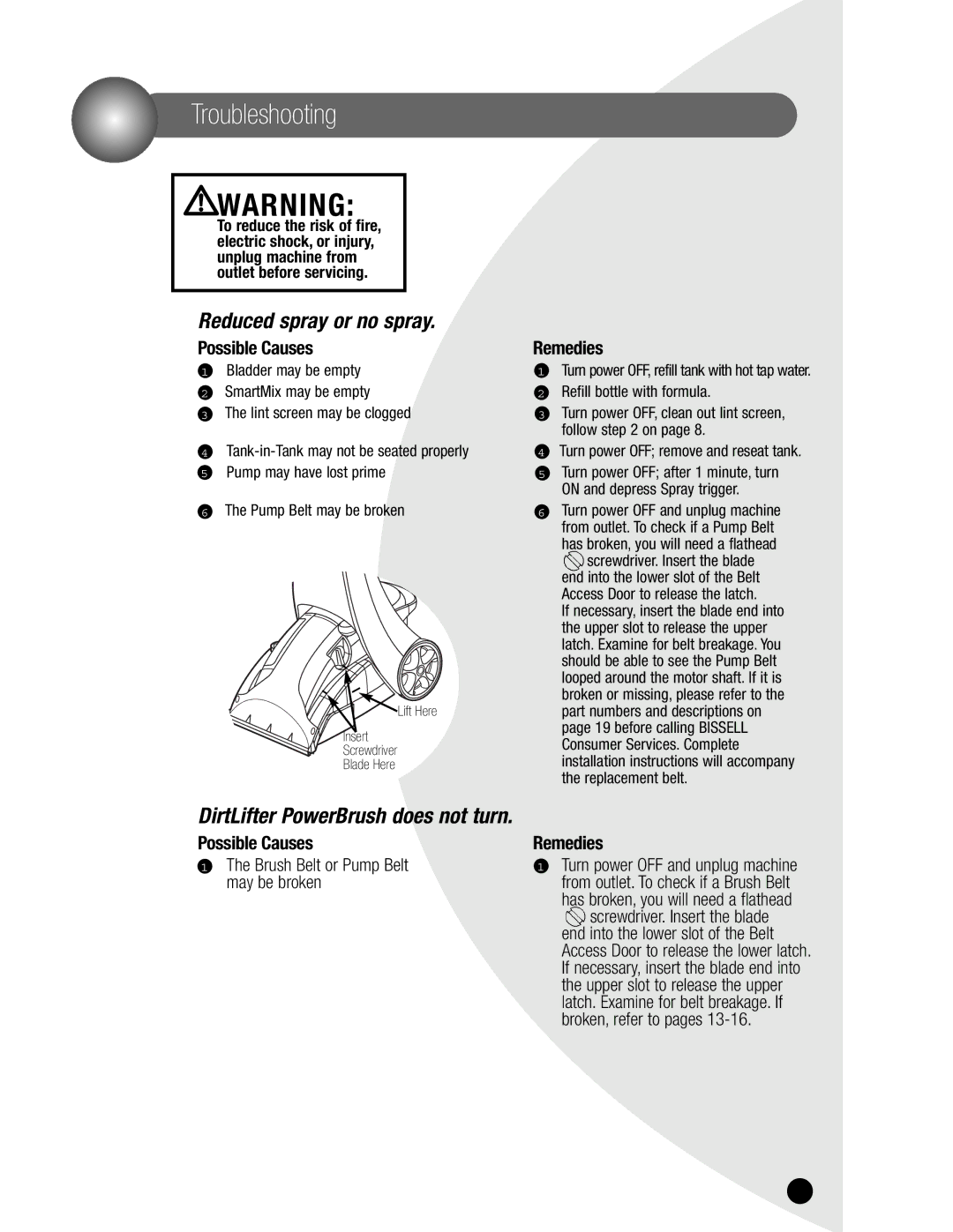 Bissell 1620 warranty Troubleshooting, Possible Causes, Remedies, Turn power OFF remove and reseat tank 