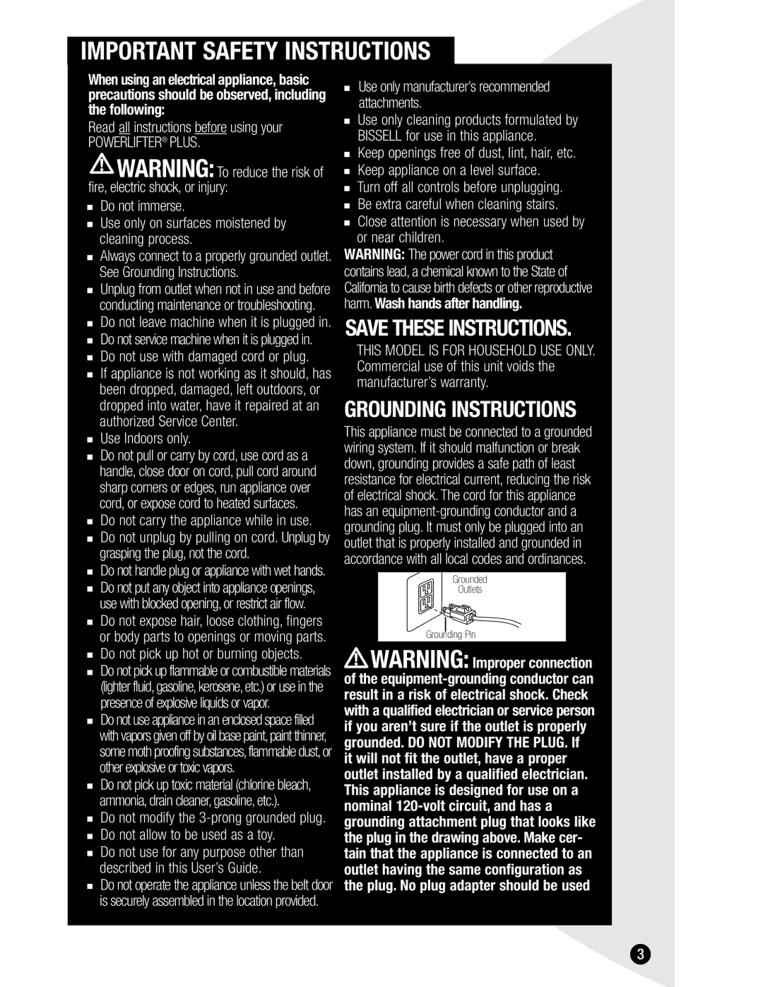 Bissell 1620 warranty Important Safety Instructions 