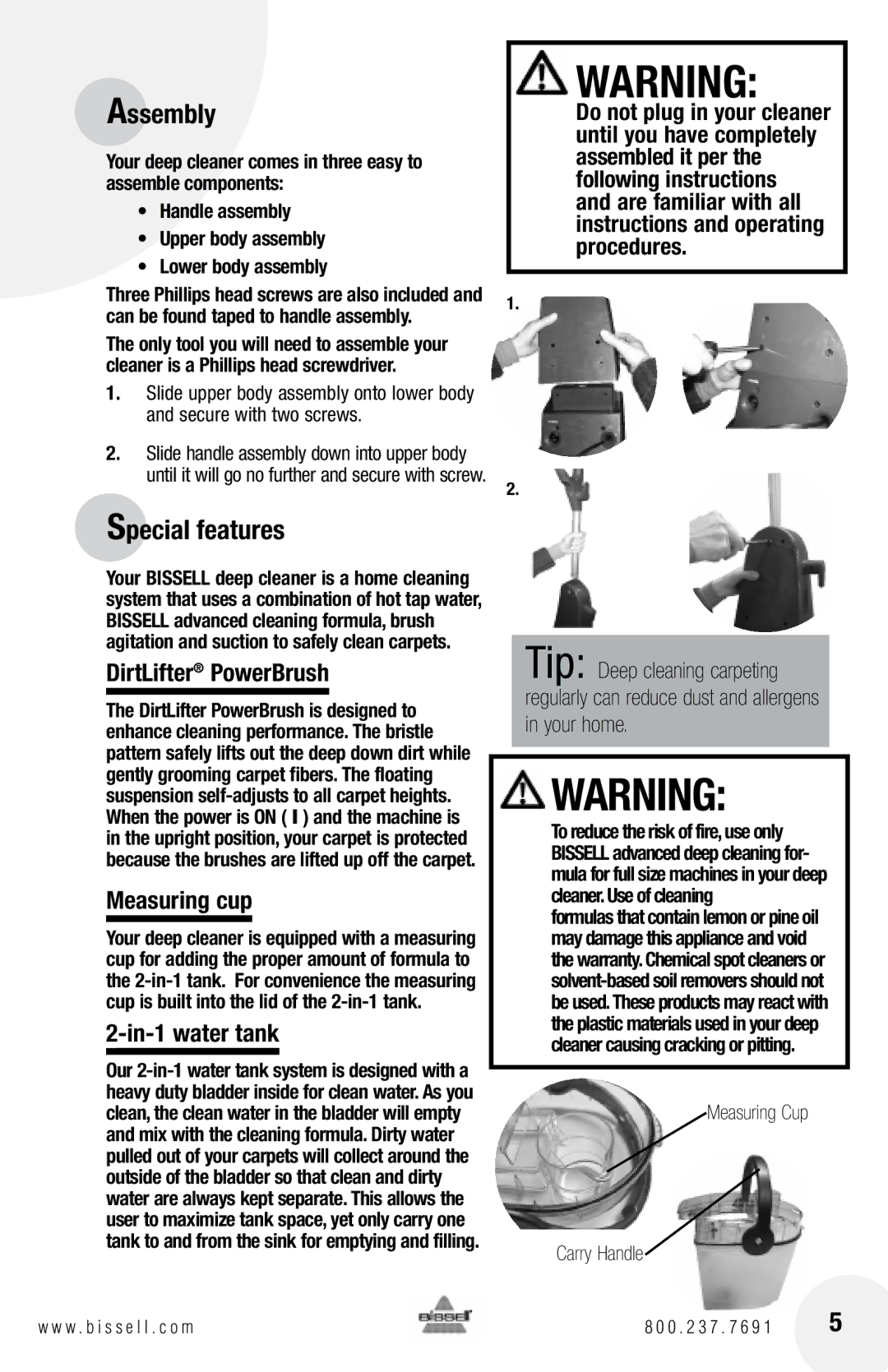 Bissell 1370, 1622 warranty Assembly, Special features, DirtLifter PowerBrush, Measuring cup, In-1 water tank 