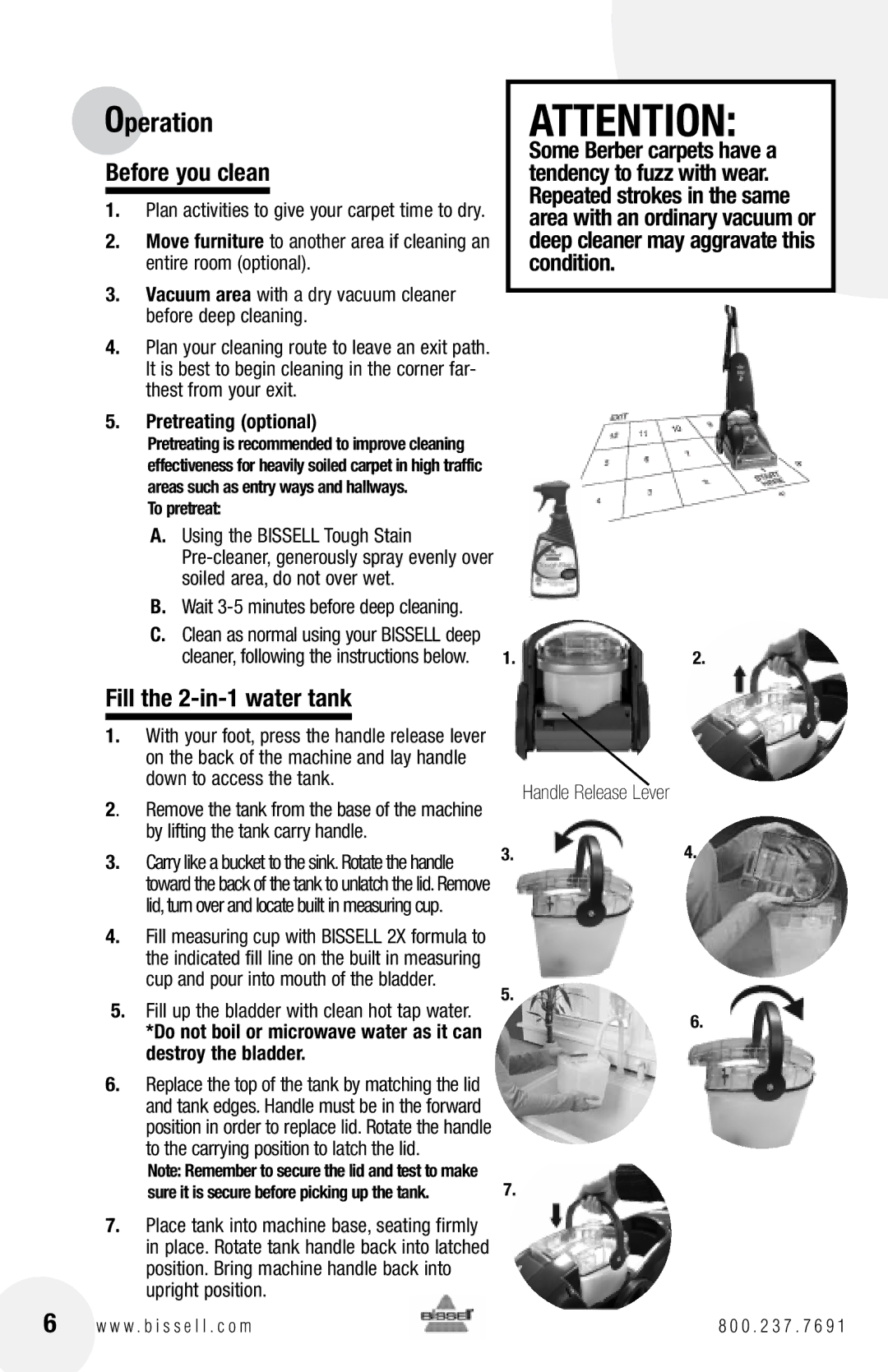 Bissell 1622, 1370 warranty Operation, Before you clean, Fill the 2-in-1 water tank, Pretreating optional 