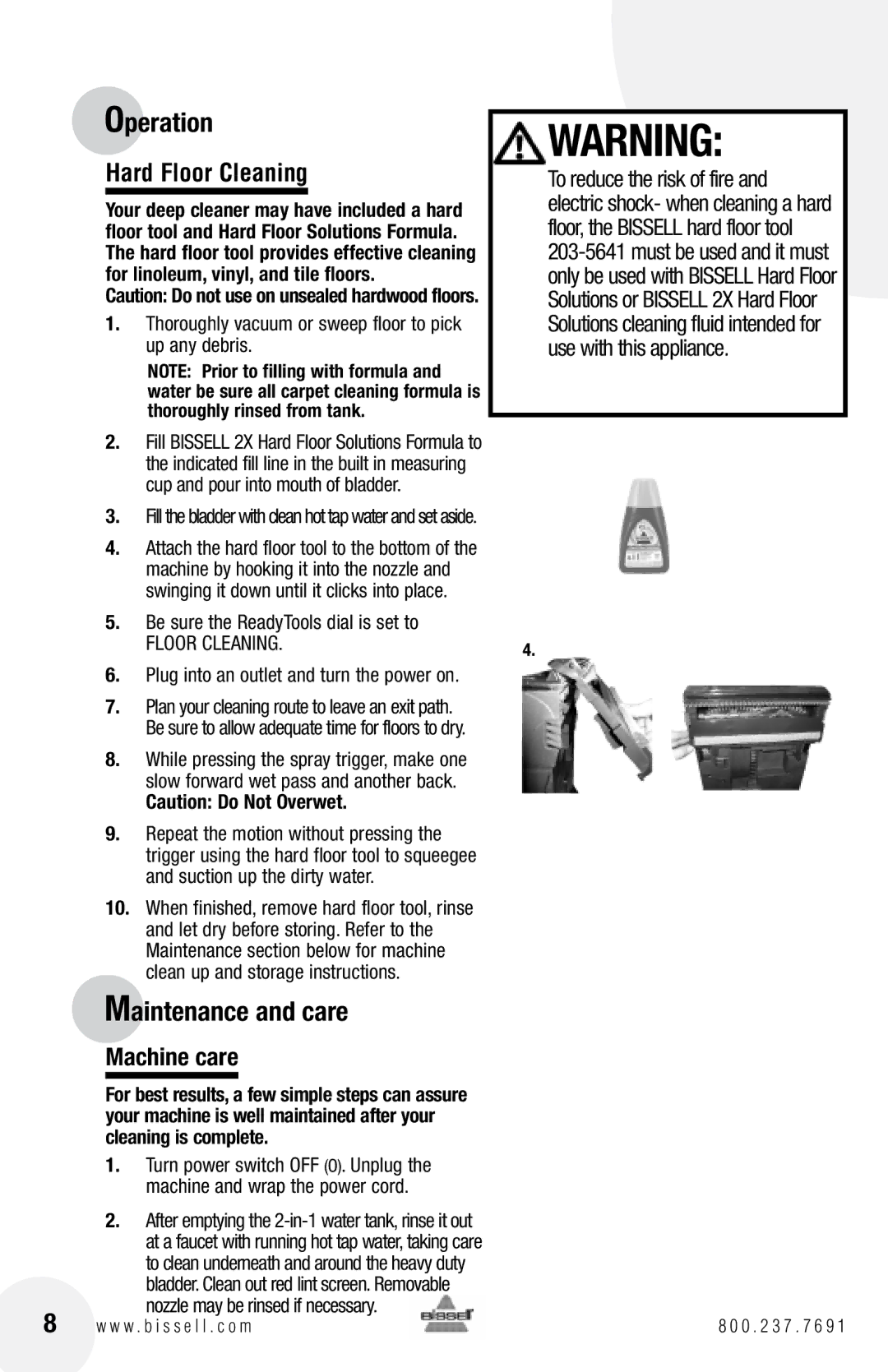 Bissell 1622, 1370 warranty Maintenance and care, Machine care 