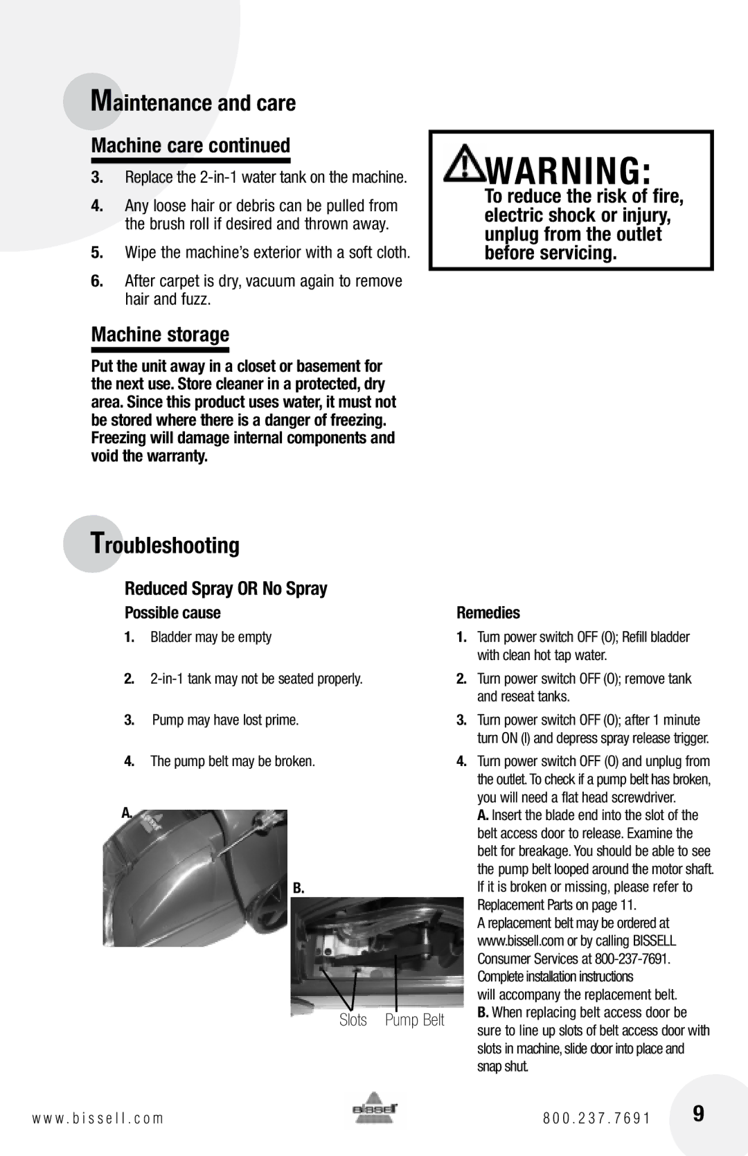 Bissell 1370, 1622 warranty Troubleshooting, Machine storage, Reduced Spray or No Spray, Possible cause, Remedies 