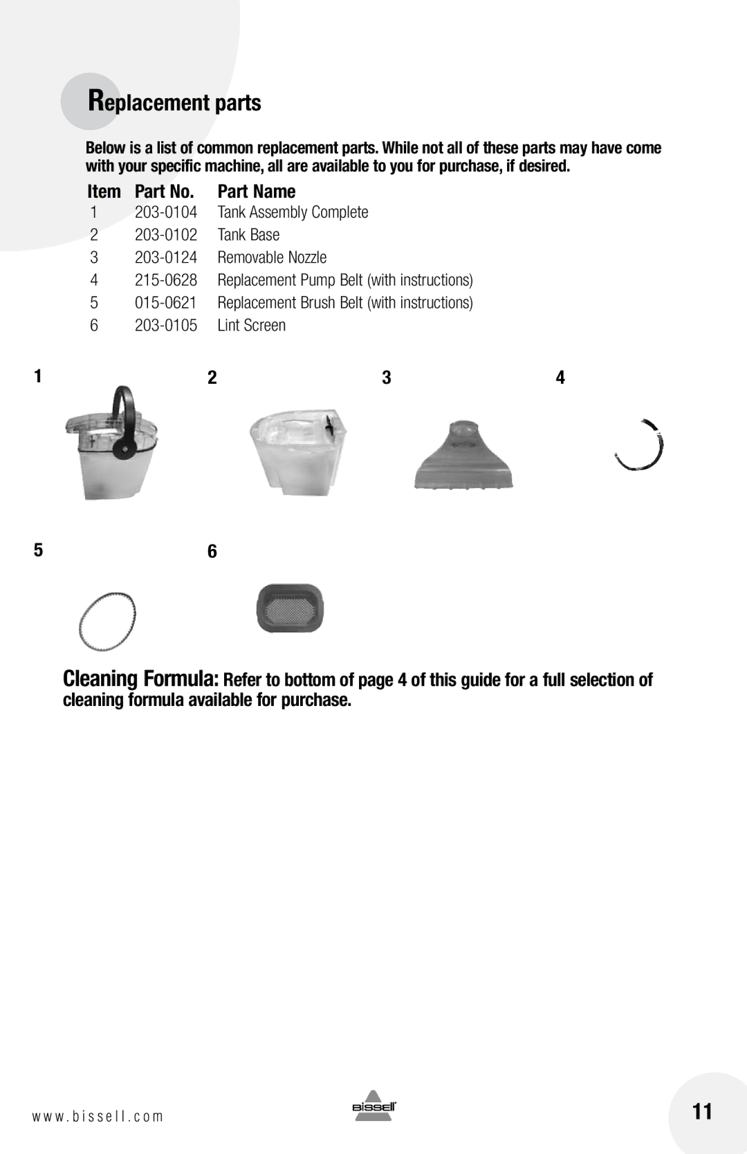 Bissell 1622 warranty Replacement parts, Part Name 