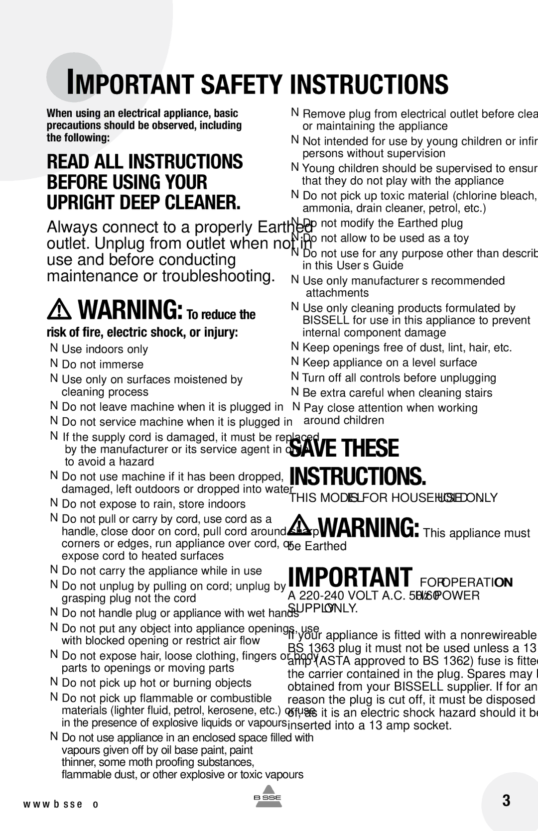 Bissell 1622 warranty Important Safety Instructions 