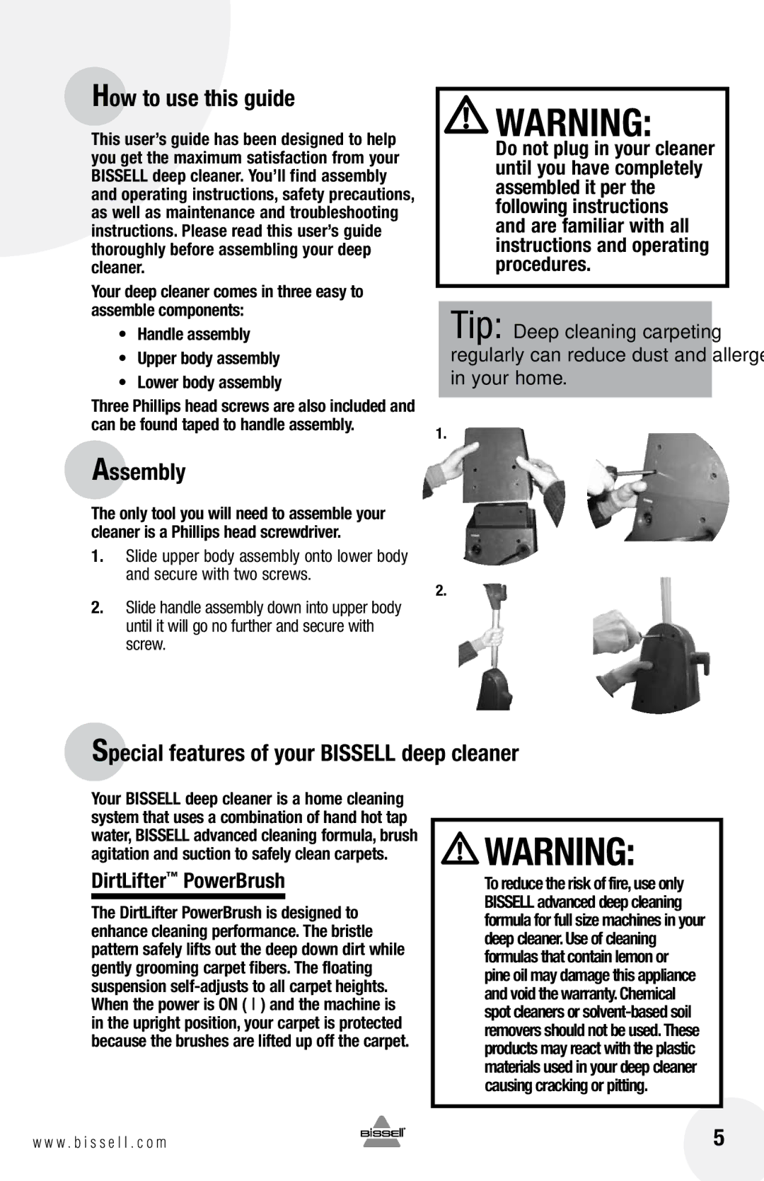 Bissell 1622 warranty How to use this guide, Assembly, Special features of your Bissell deep cleaner, DirtLifter PowerBrush 