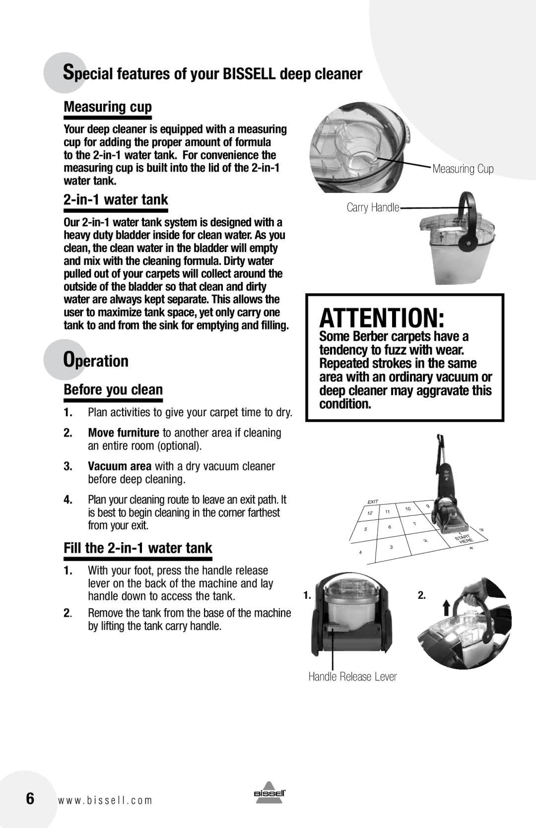 Bissell 1622 warranty Operation, Measuring cup, In-1 water tank, Before you clean, Fill the 2-in-1 water tank 