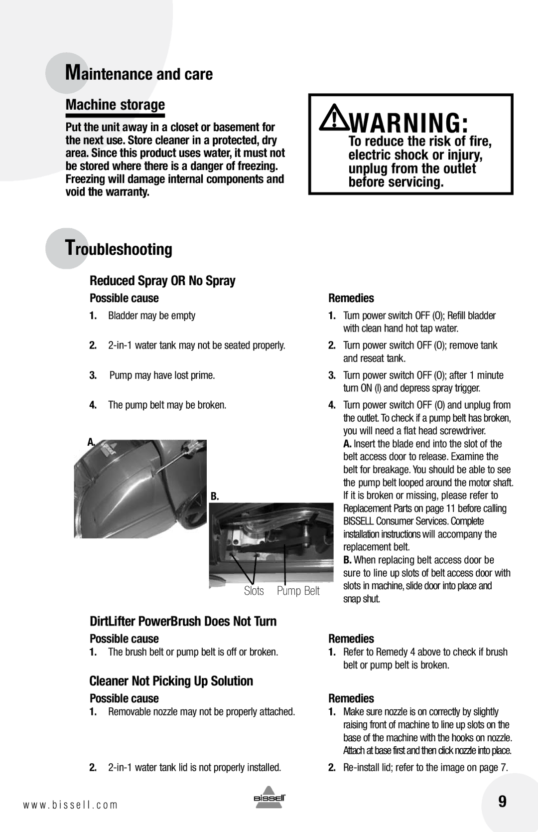 Bissell 1622 warranty Troubleshooting, Machine storage, Reduced Spray or No Spray, DirtLifter PowerBrush Does Not Turn 