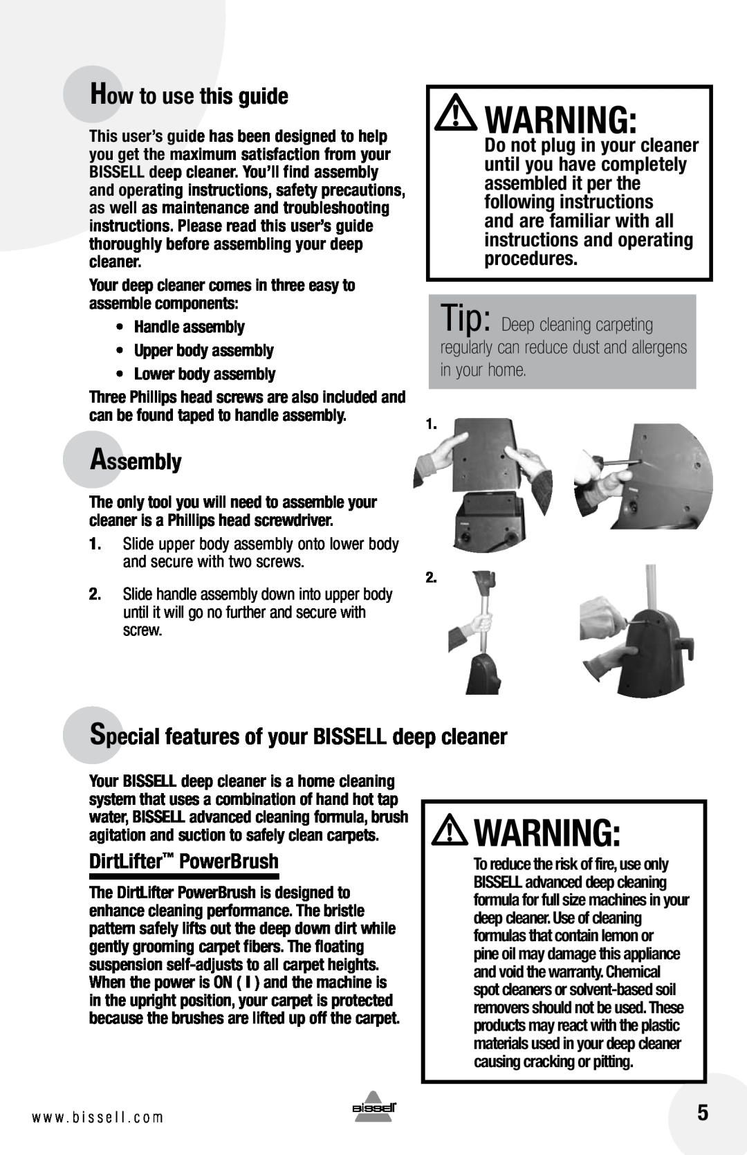 Bissell 1622 warranty How to use this guide, Assembly, Special features of your BISSELL deep cleaner, DirtLifter PowerBrush 