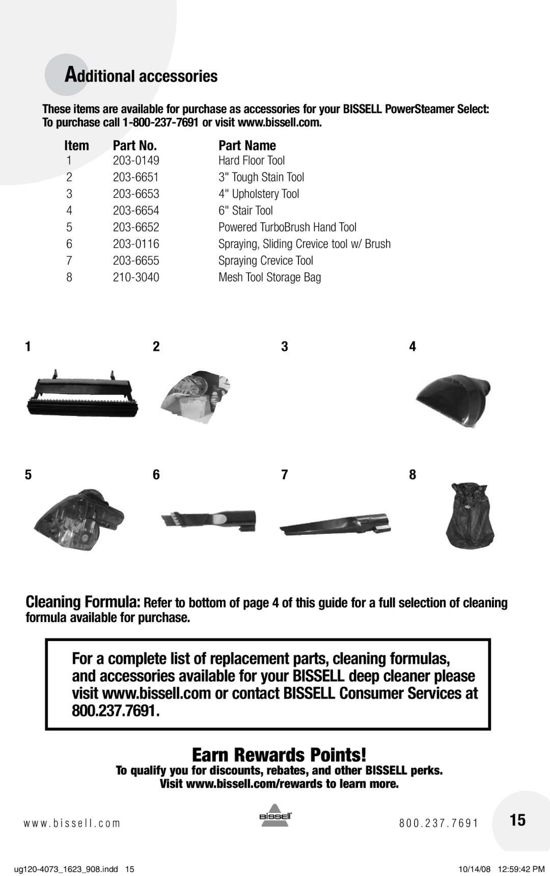 Bissell 1623 warranty Additional accessories, 203-0116, Powered TurboBrush Hand Tool 