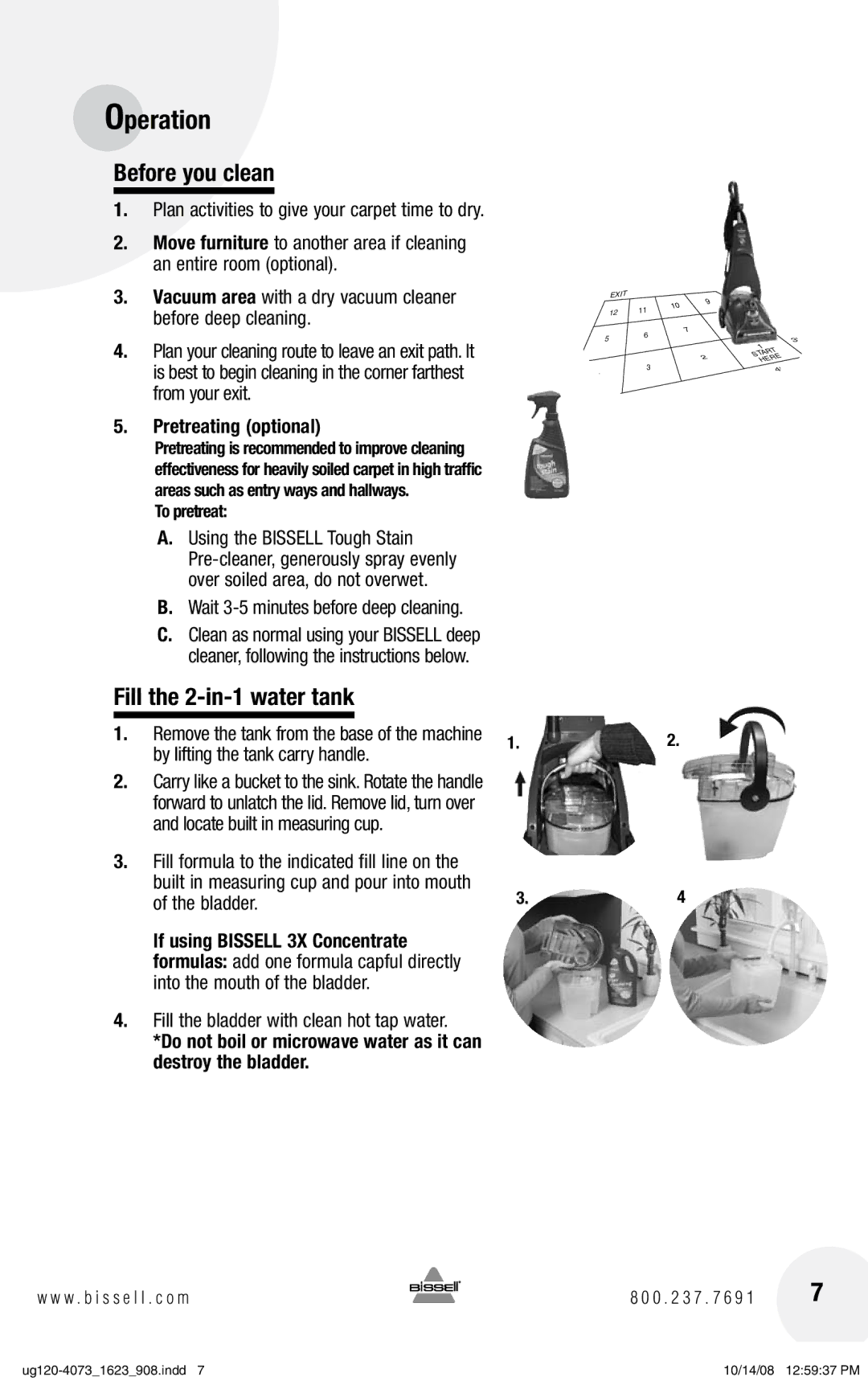 Bissell 1623 warranty Operation, Before you clean, Fill the 2-in-1 water tank, Wait 3-5 minutes before deep cleaning 