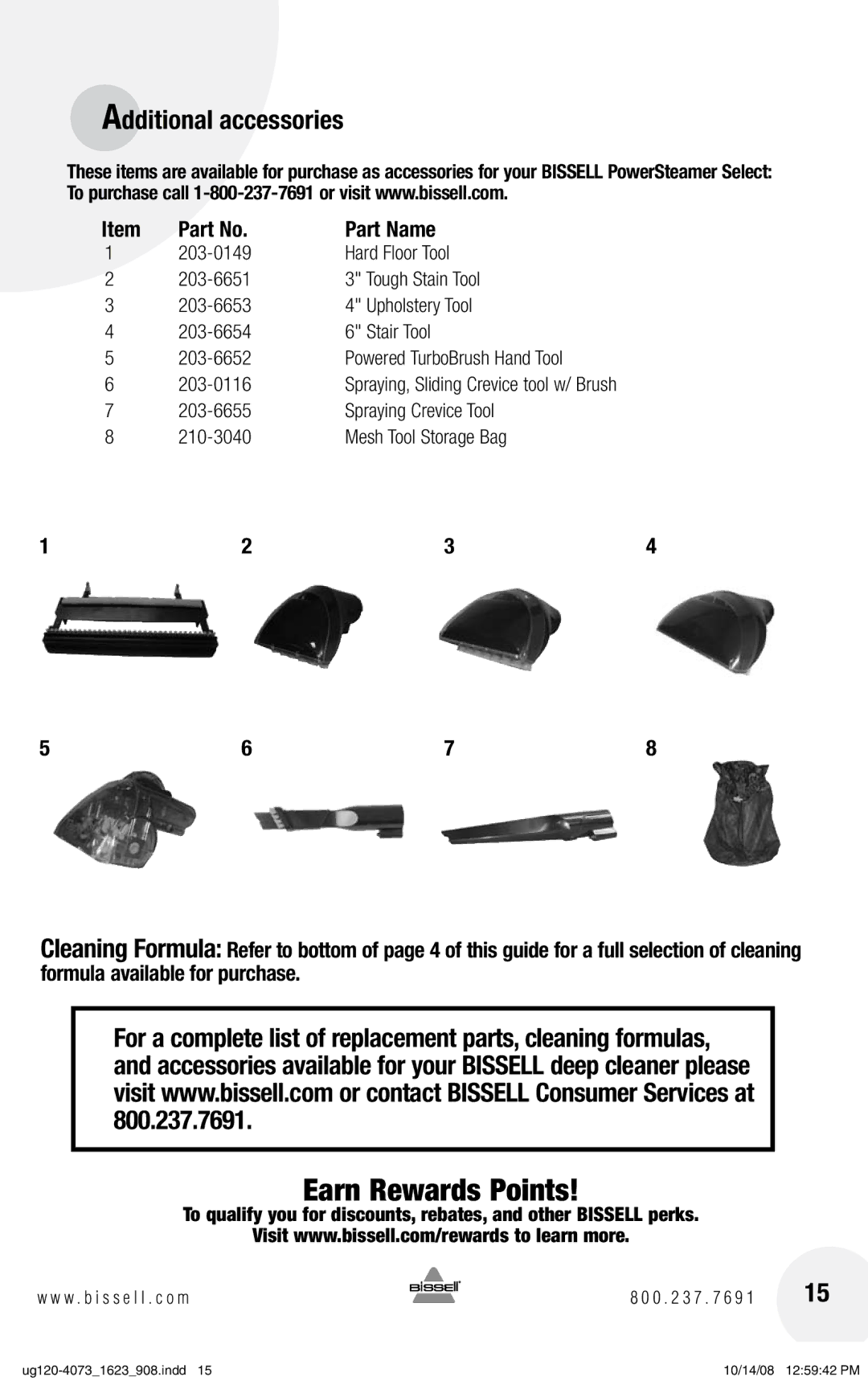 Bissell 1623 warranty Additional accessories, 203-0116, Powered TurboBrush Hand Tool 