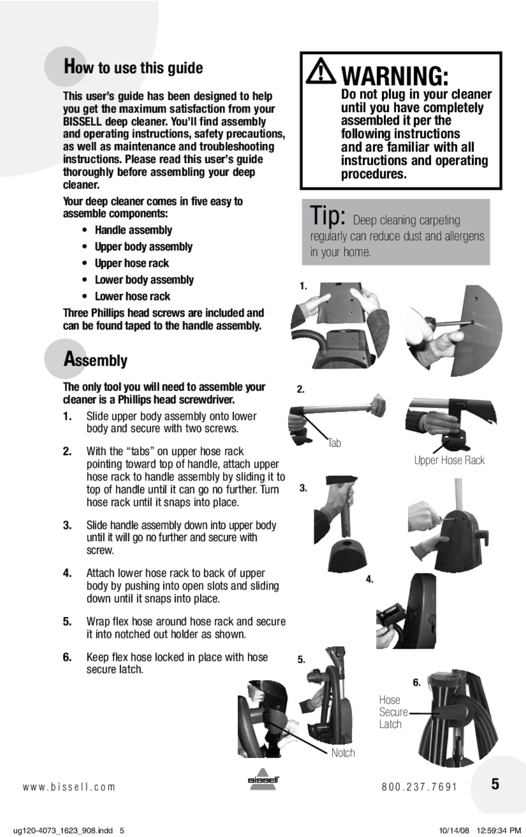 Bissell 1623 warranty How to use this guide, Assembly 