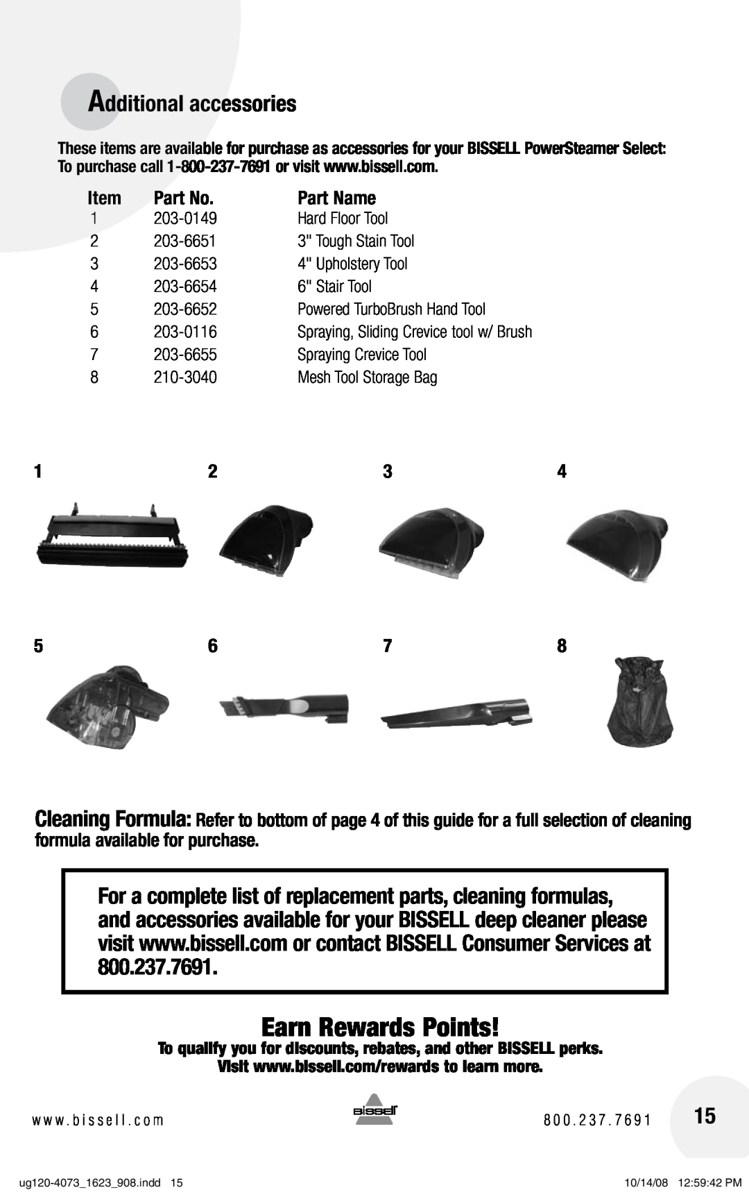 Bissell 1623 warranty Additional accessories, Earn Rewards Points, Part Name 