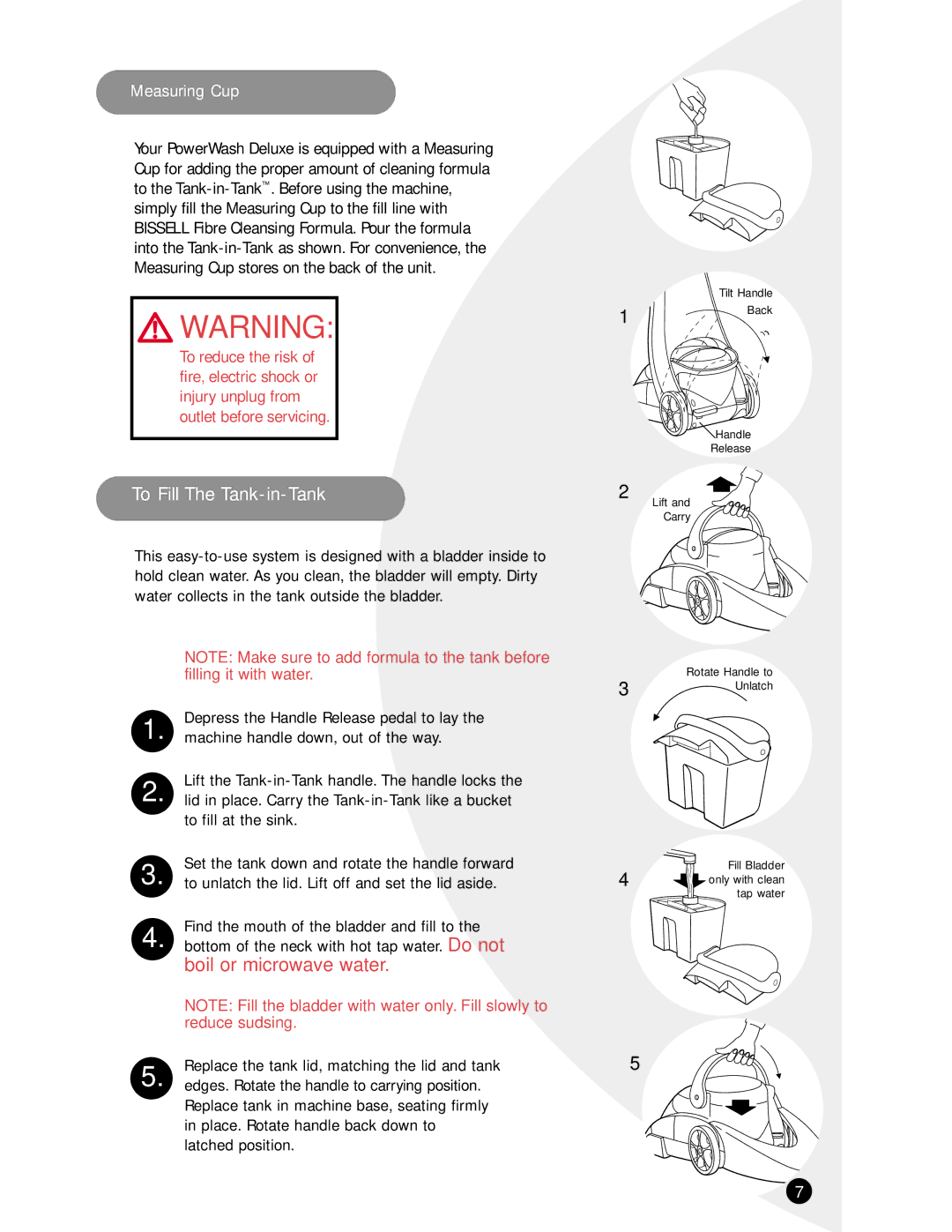 Bissell 1694 warranty To Fill The Tank-in-Tank, Measuring Cup 