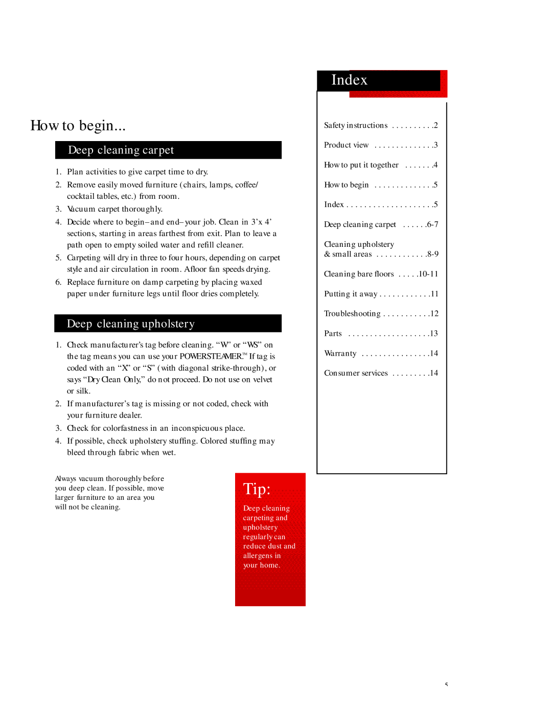 Bissell 1690, 1695 warranty How to begin, Index, Deep cleaning carpet, Deep cleaning upholstery 