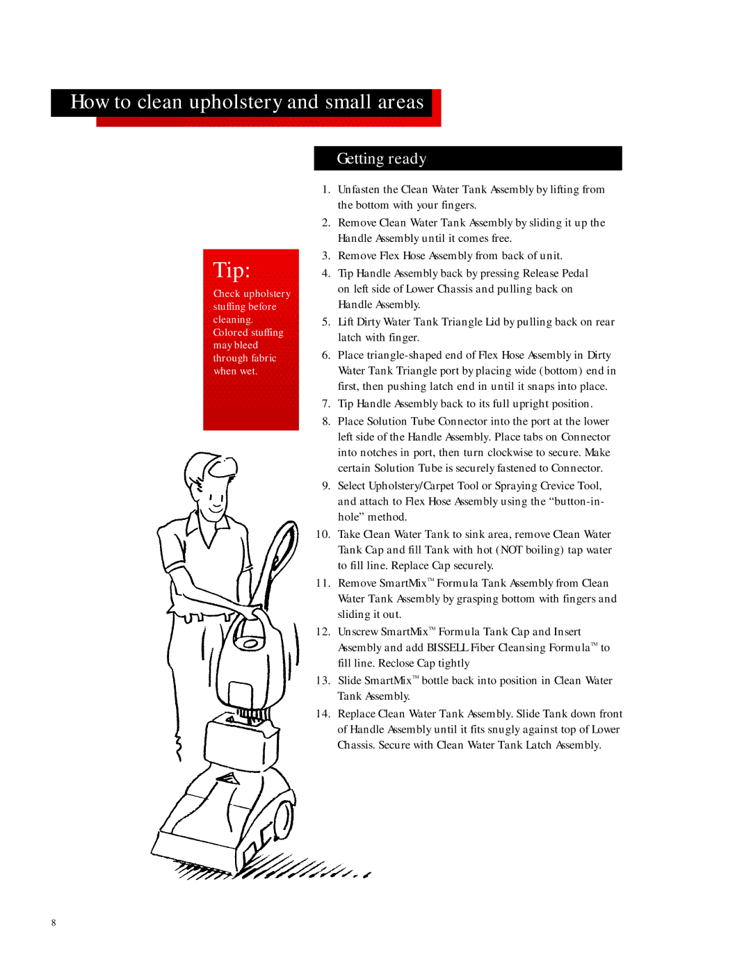 Bissell 1695 How to clean upholstery and small areas, Getting ready, Tip Handle Assembly back to its full upright position 