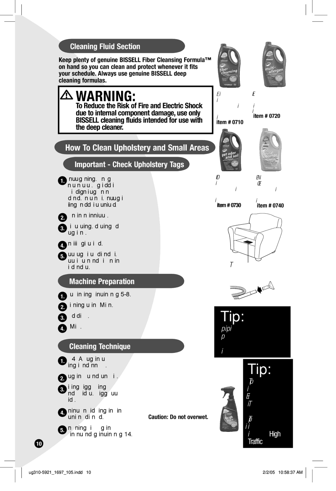 Bissell 1697 warranty Cleaning Fluid Section, Important Check Upholstery Tags, Cleaning Technique 