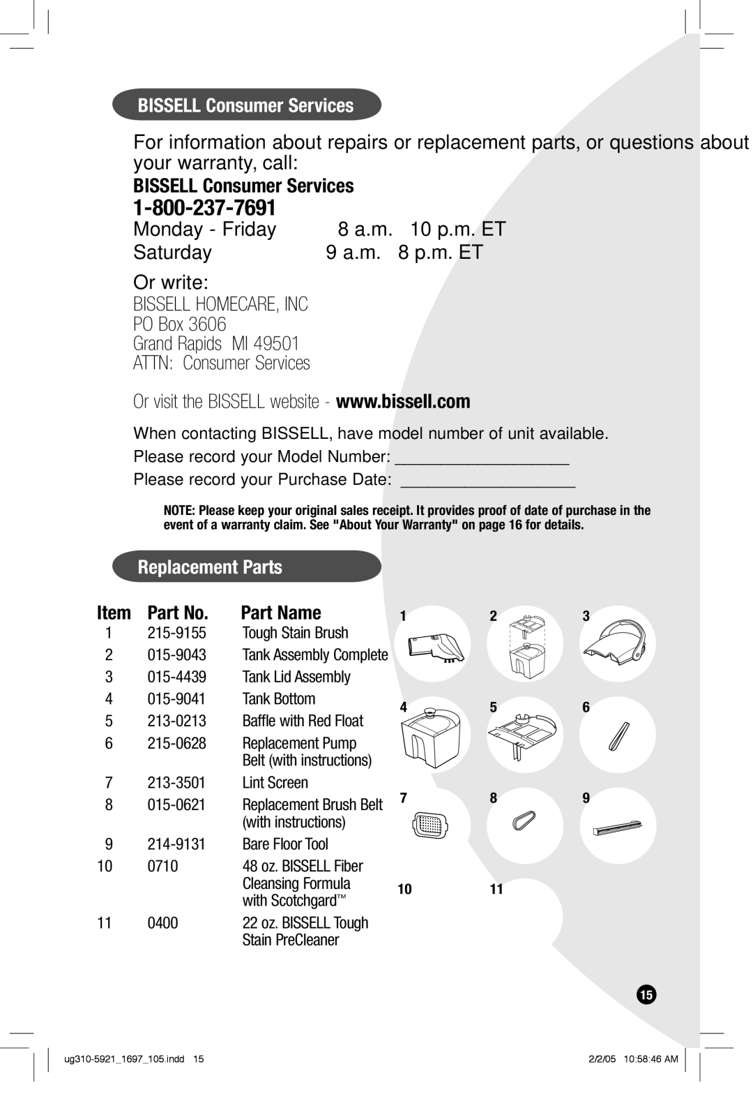 Bissell 1697 warranty Bissell Consumer Services, Replacement Parts, Tank Assembly Complete, Replacement Brush Belt 