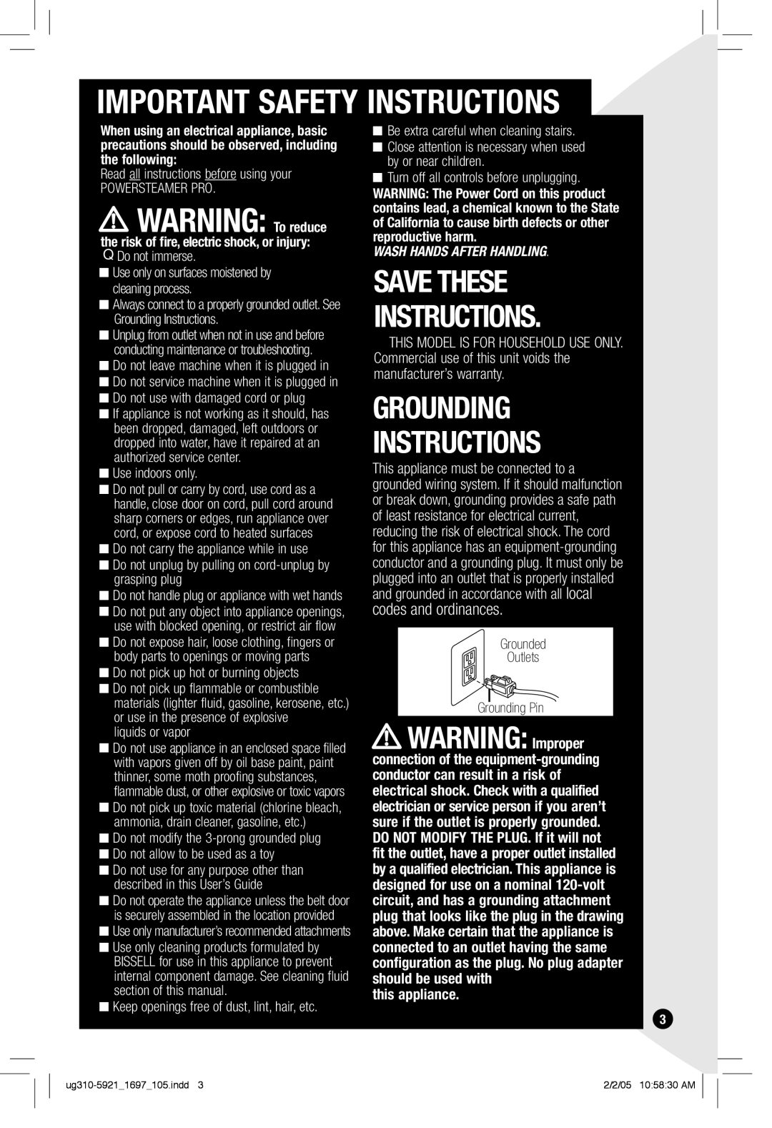 Bissell 1697 warranty Important Safety Instructions, Grounded Outlets Grounding Pin 