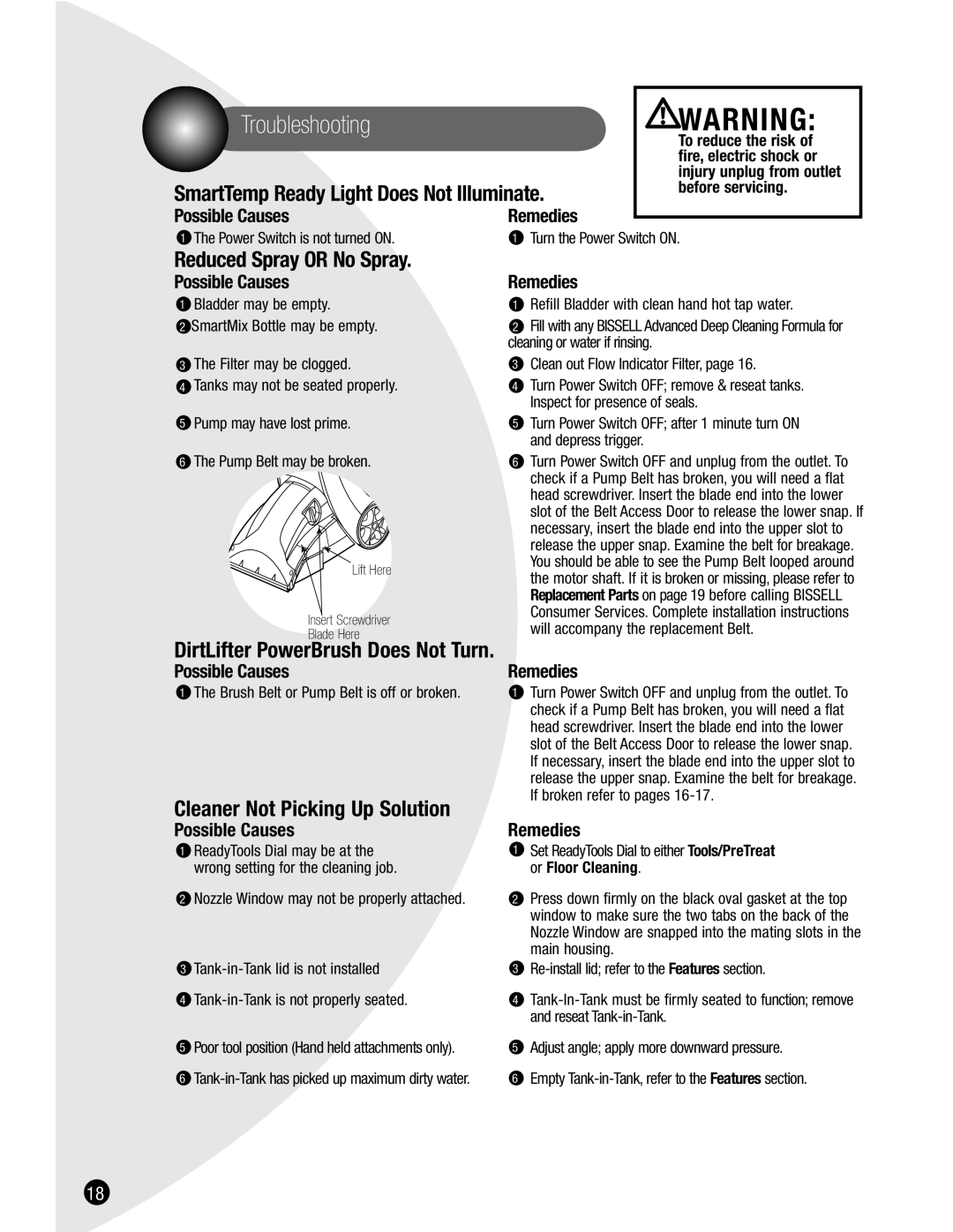 Bissell 1698 warranty Troubleshooting, Reduced Spray or No Spray, Refill Bladder with clean hand hot tap water 