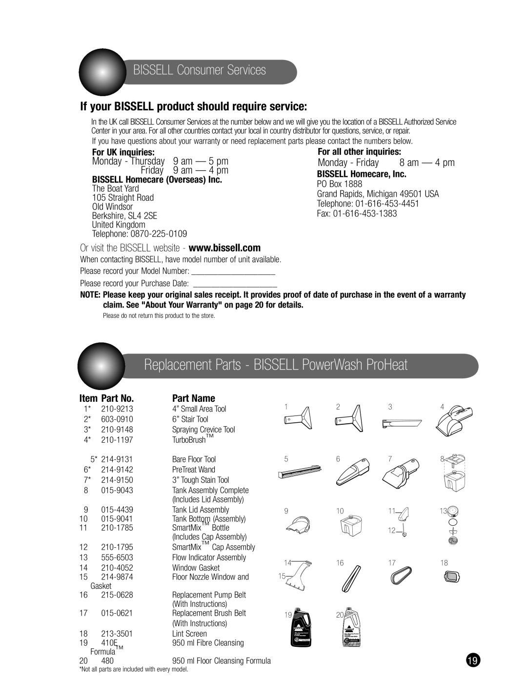 Bissell 1698 warranty Bissell Consumer Services, If your Bissell product should require service, Am 5 pm, Am 4 pm 