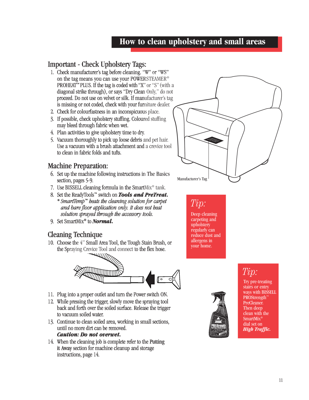 Bissell 1698 warranty How to clean upholstery and small areas, Important - Check Upholstery Tags, Cleaning Technique 