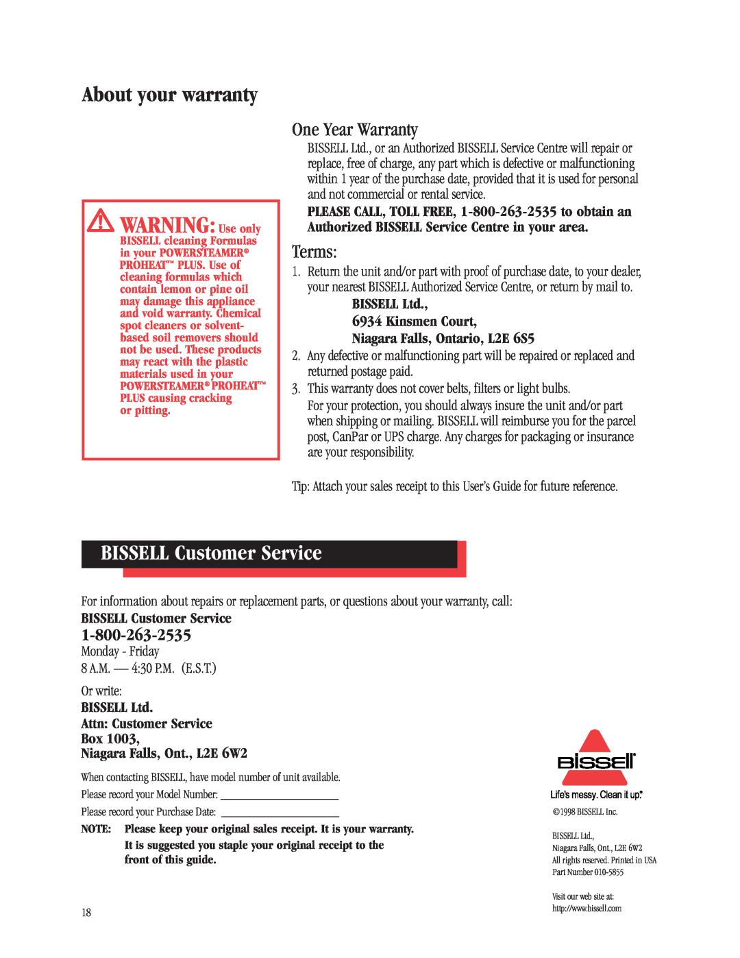 Bissell 1698 About your warranty, BISSELL Customer Service, One Year Warranty, Terms, WARNING Use only 