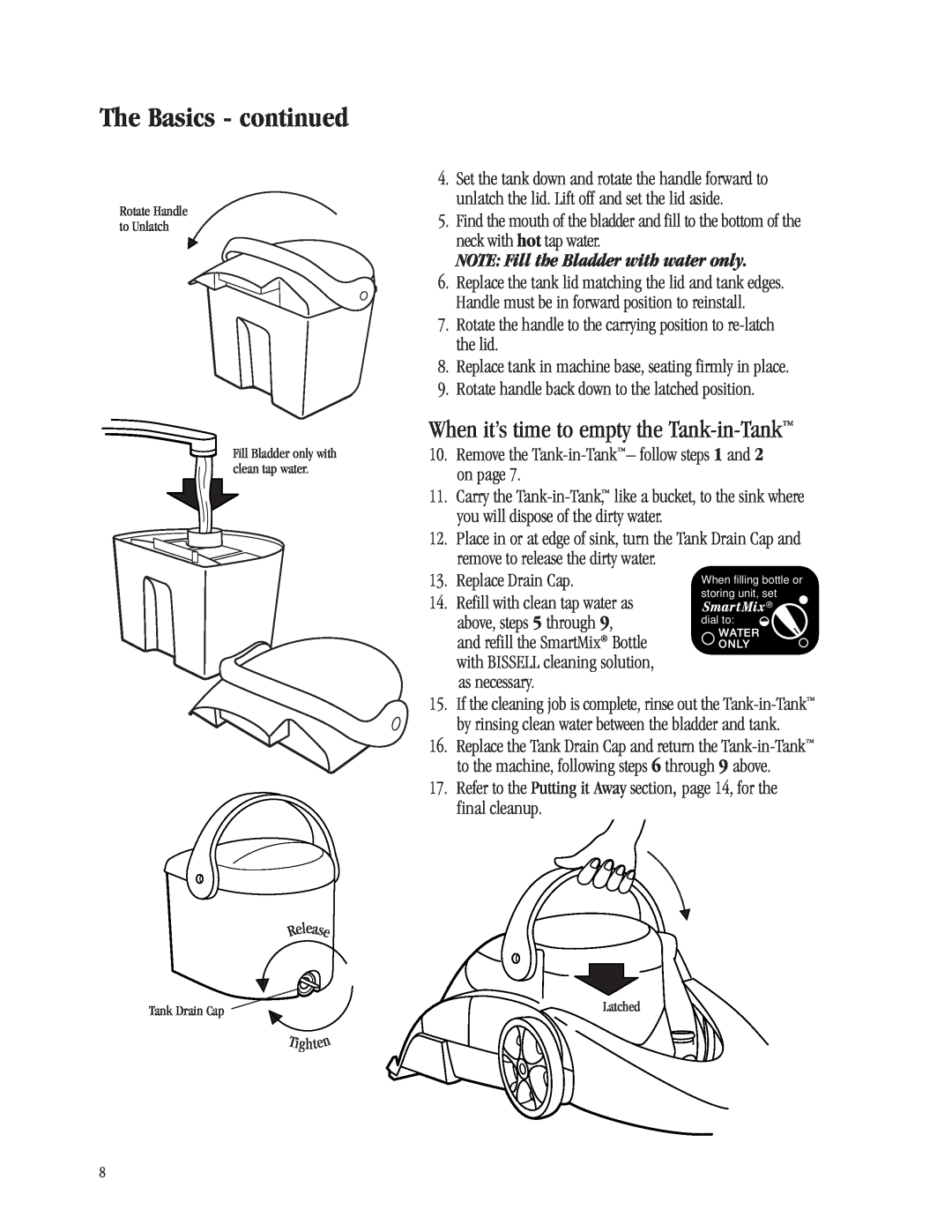 Bissell 1698 When it’s time to empty the Tank-in-Tank, NOTE Fill the Bladder with water only, The Basics - continued 