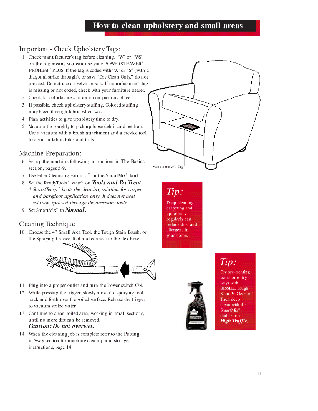 Bissell 16981 warranty How to clean upholstery and small areas, Important Check Upholstery Tags, Cleaning Technique 