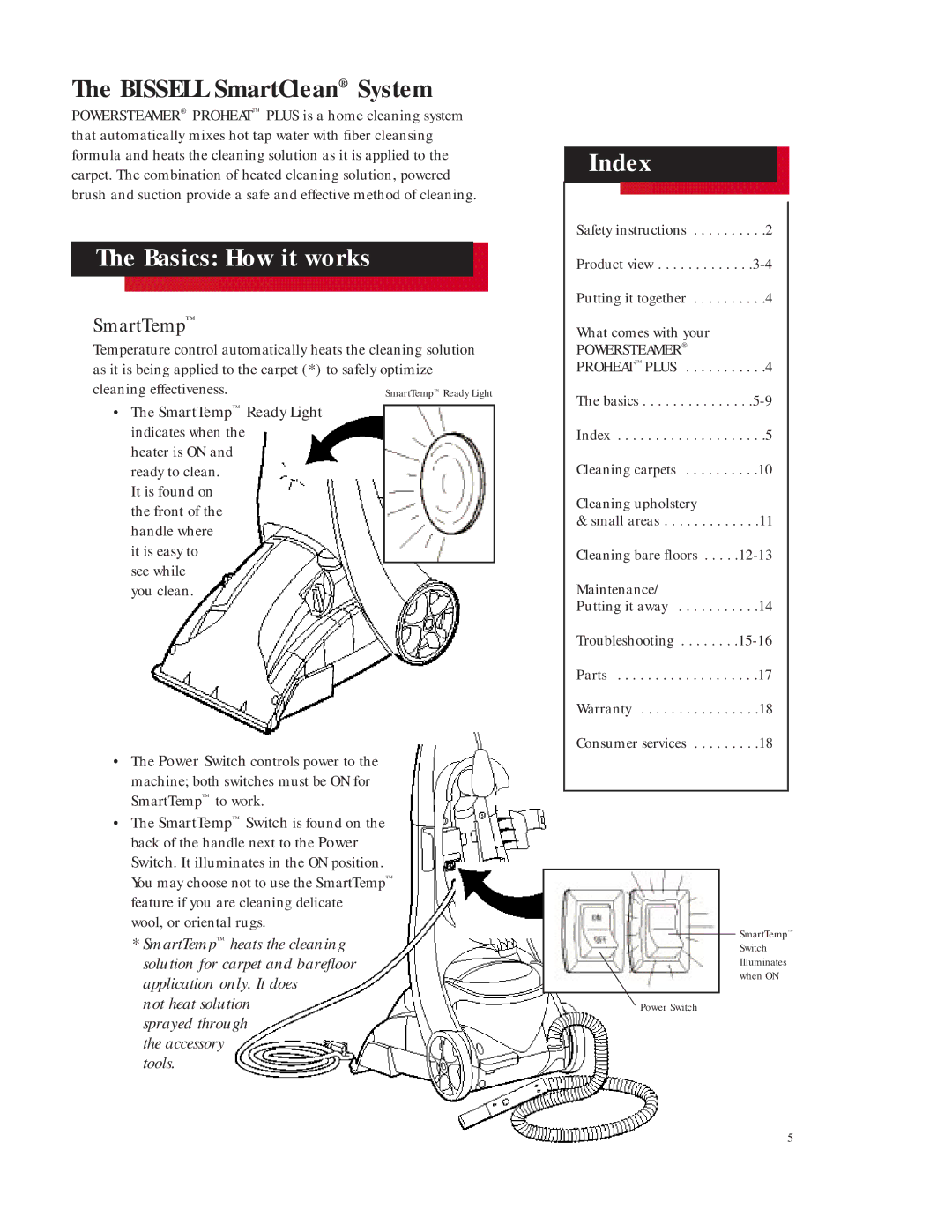 Bissell 16981 warranty Basics How it works, Index, SmartTemp 