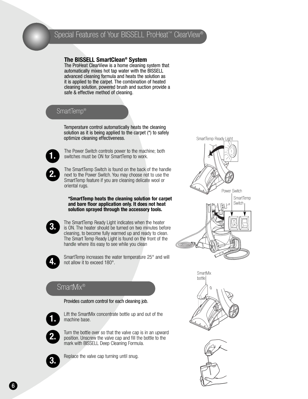 Bissell 1699 warranty Special Features of Your Bissell ProHeat ClearView, SmartMix, Bissell SmartClean System 