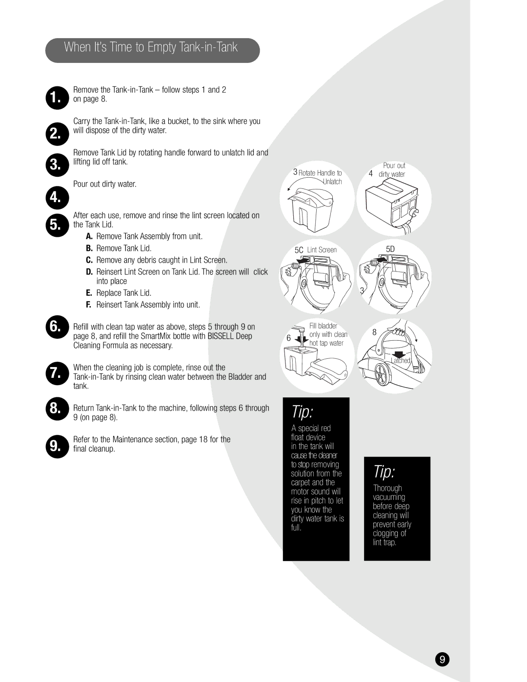 Bissell 1699 warranty Remove the Tank-in-Tank follow steps 1, Will dispose of the dirty water 