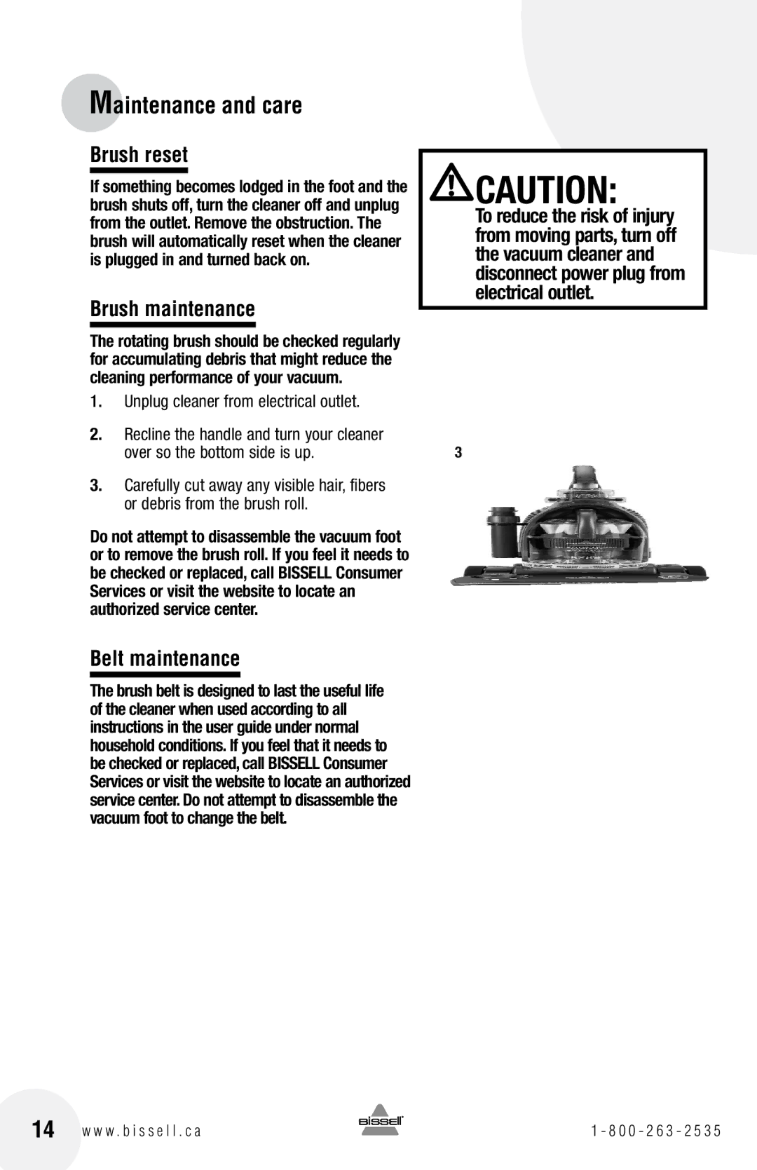 Bissell 16N5 warranty Brush reset, Brush maintenance, Belt maintenance 