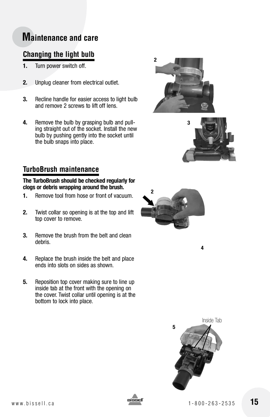 Bissell 16N5 warranty Changing the light bulb, TurboBrush maintenance 