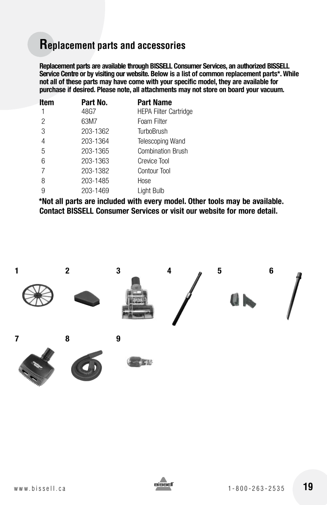 Bissell 16N5 warranty Replacement parts and accessories, Part Name 